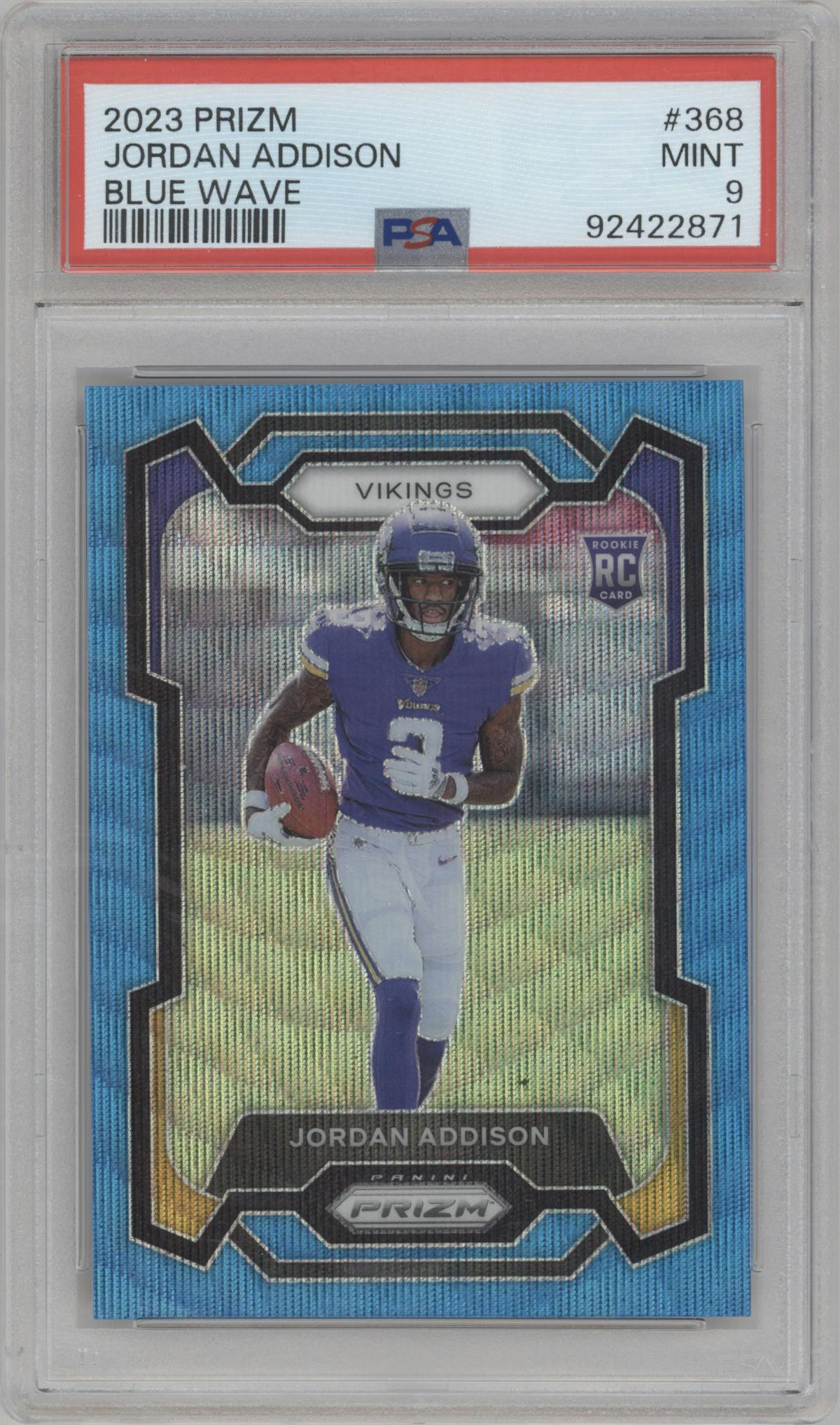 Jordan Addison from the 2023 Panini Prizm set featuring a Blue Wave parallel graded by PSA and given an overall grade of 9.