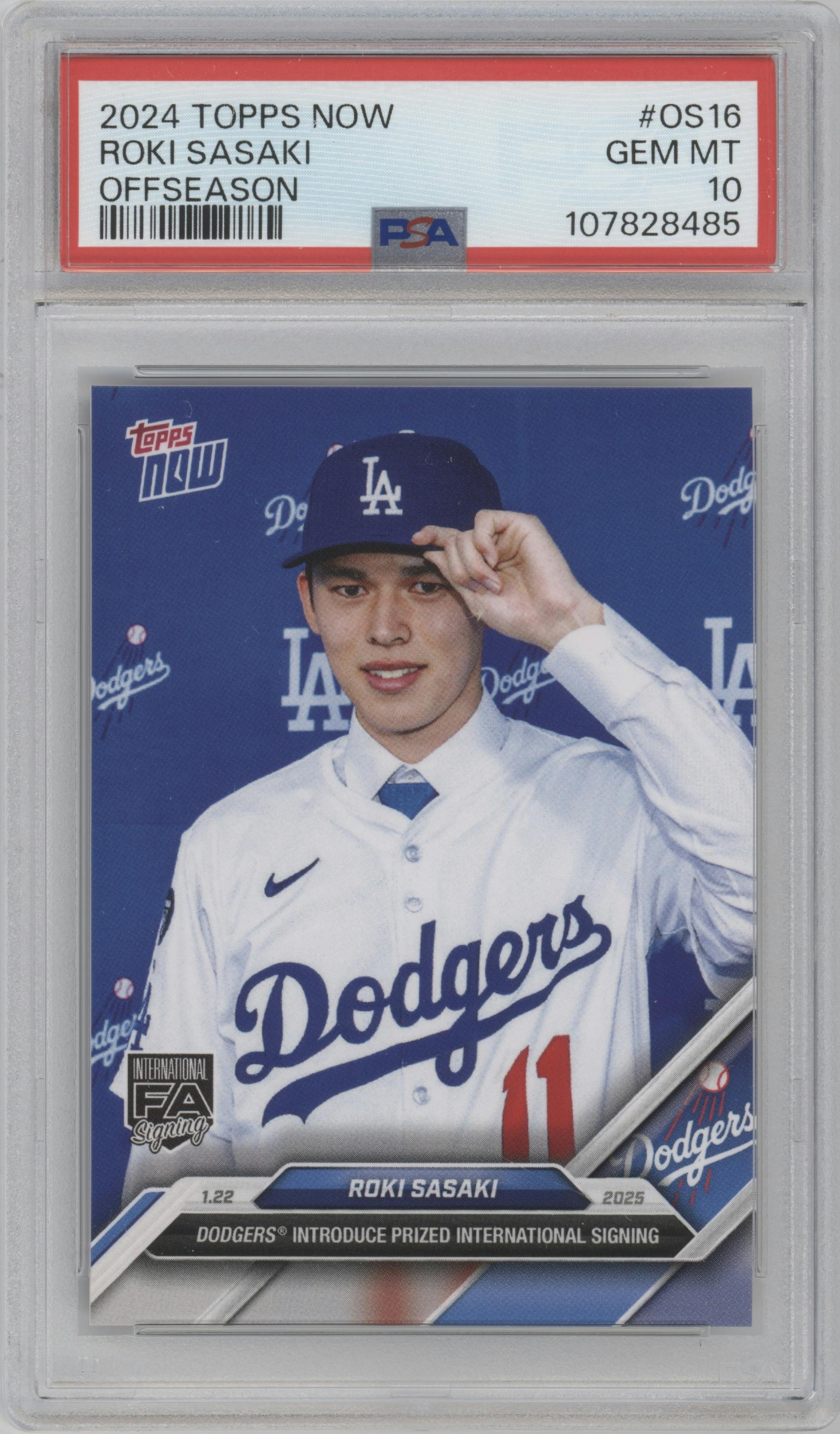 Roki Sasaki from the 2024-25 Topps Now Off-Season set graded by PSA and given an overall grade of 10.