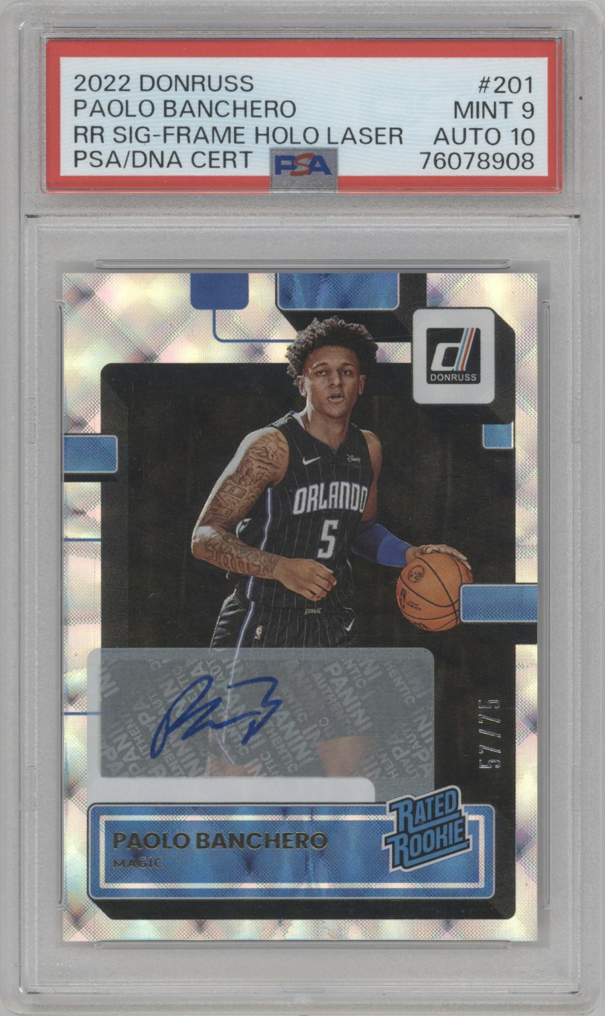 Paolo Banchero from the 2022-23 Panini Donruss set featuring a Holo Frame parallel graded by PSA and given an overall grade of 9.