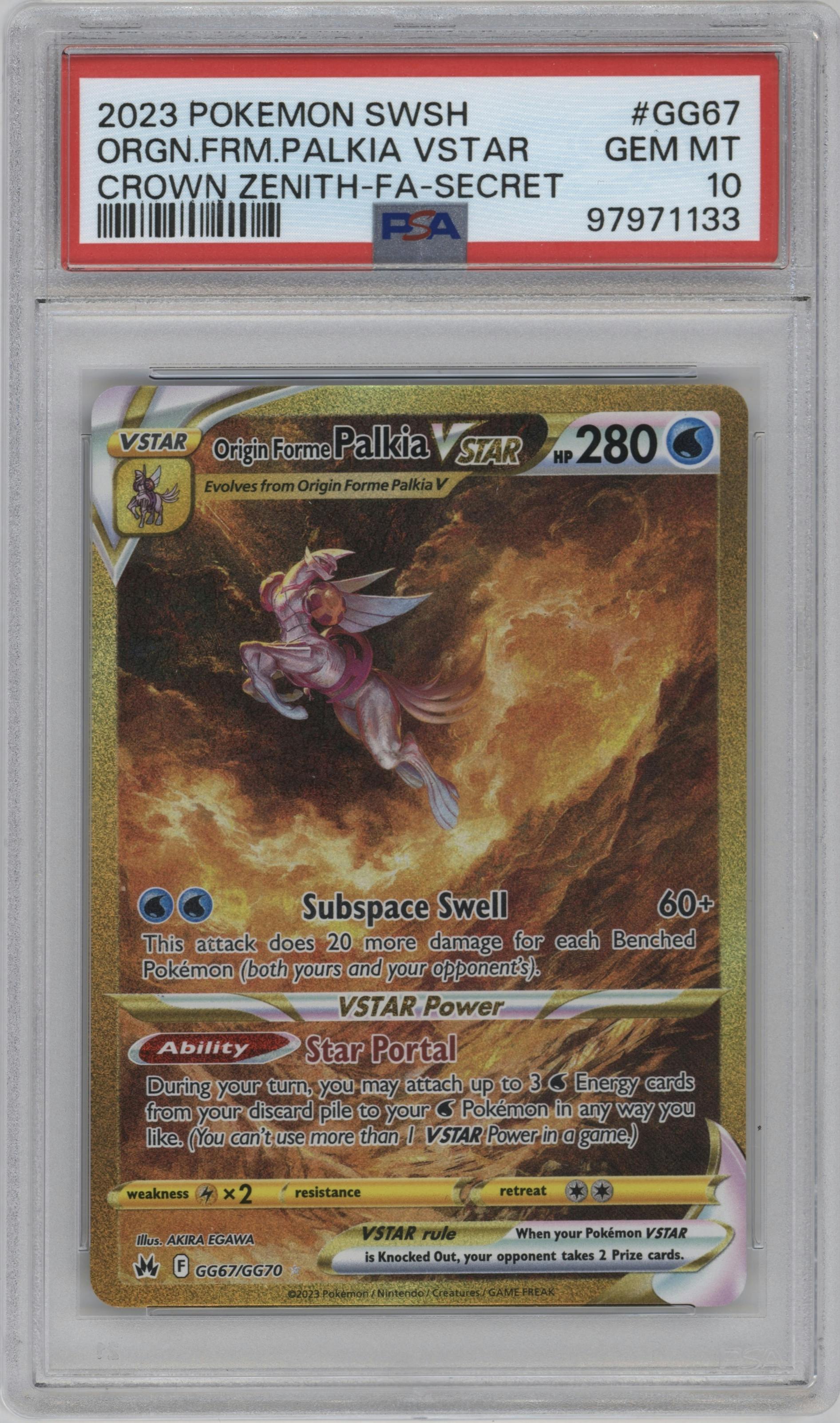 Origin Forme Palkia VSTAR from the 2023 Pokemon SWSH set graded by PSA and given an overall grade of 10.