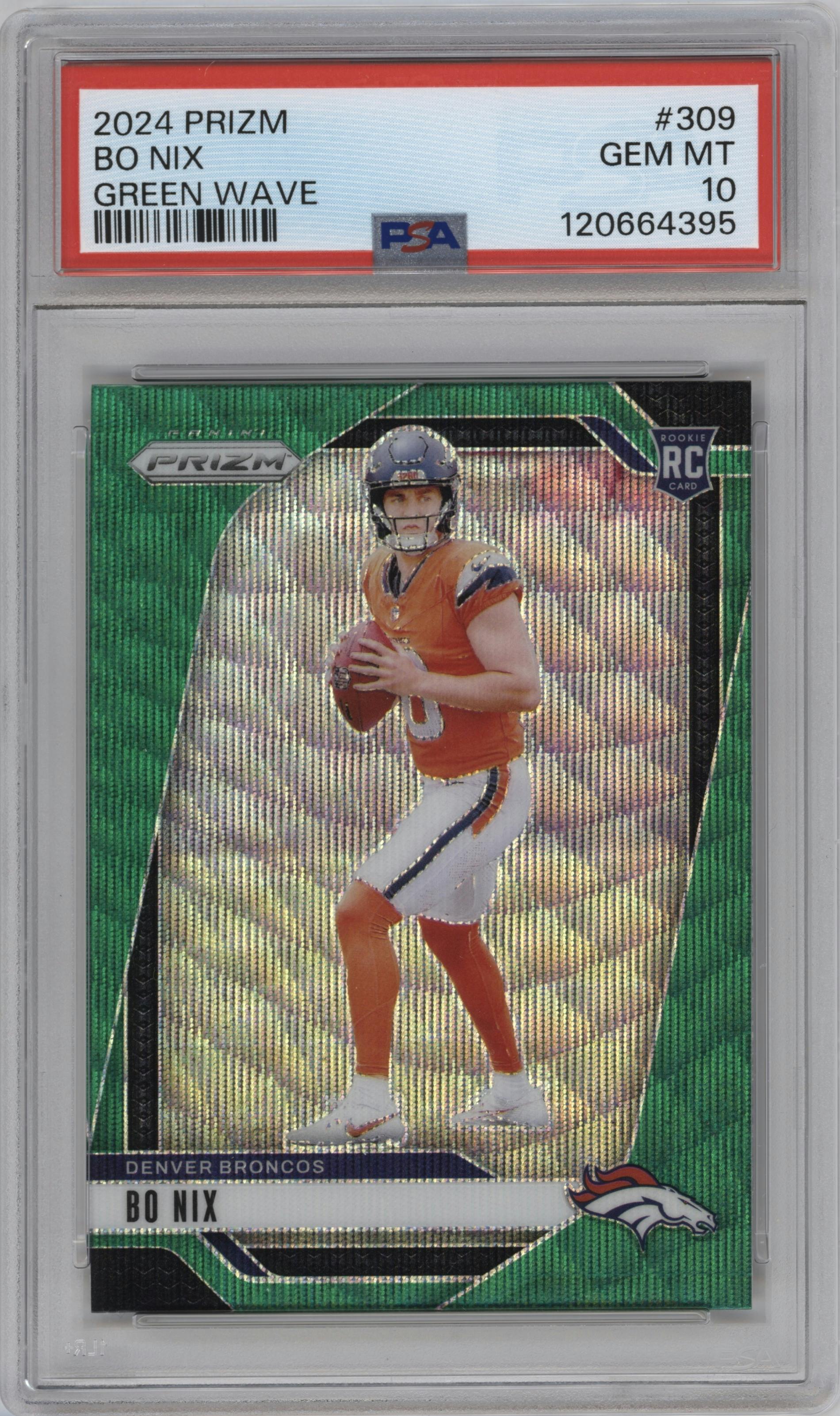 Bo Nix from the 2024 Panini Prizm set featuring a Green Wave parallel graded by PSA and given an overall grade of 10.