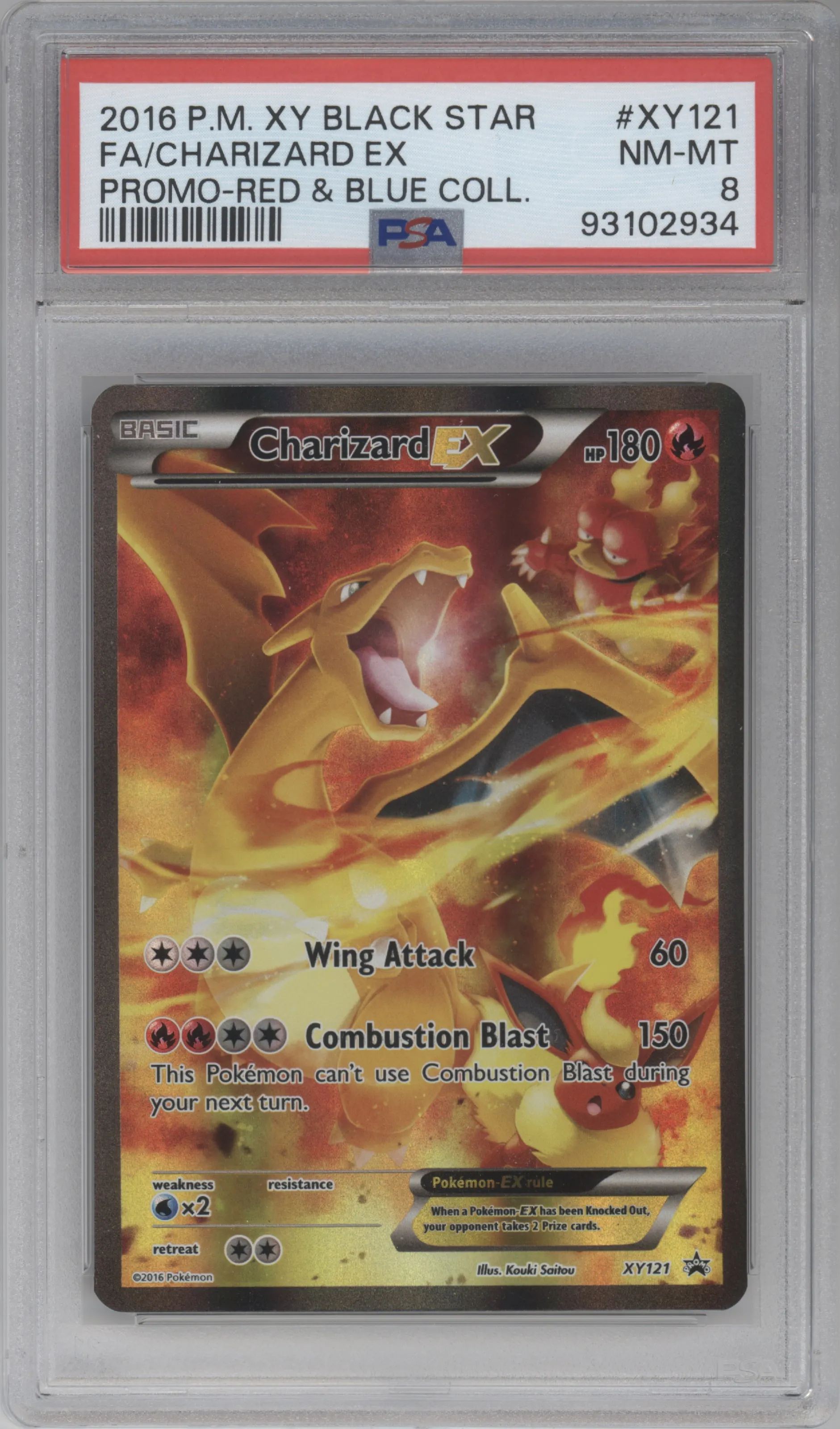 Charizard EX from the 2016 Pokemon XY set featuring a Blue Red Collection Box parallel graded by PSA and given an overall grade of 8.