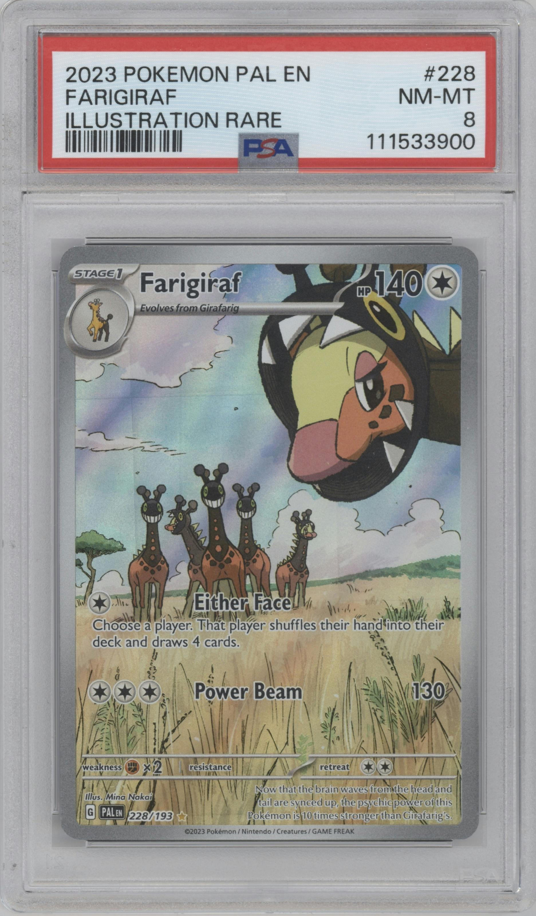 Farigiraf from the 2023 Pokemon SV set graded by PSA and given an overall grade of 8.