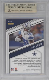 CeeDee Lamb from the 2023 Donruss Elite set featuring a Orange parallel graded by Beckett and given an overall grade of 9.5.