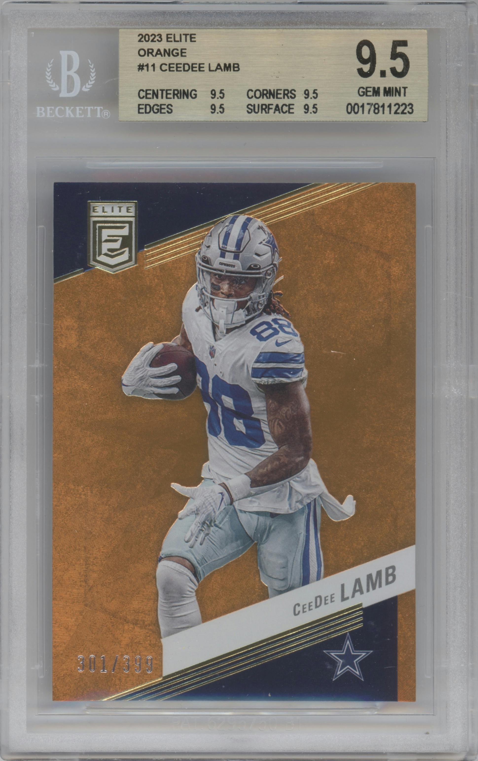 CeeDee Lamb from the 2023 Donruss Elite set featuring a Orange parallel graded by Beckett and given an overall grade of 9.5.