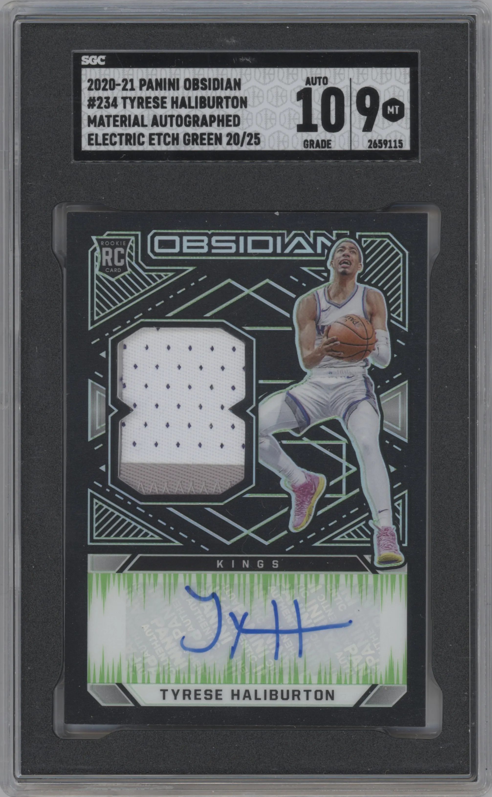 Tyrese Haliburton from the 2020-21 Panini Obsidian set featuring a  Electric Etch Green parallel graded by SGC and given an overall grade of 9.