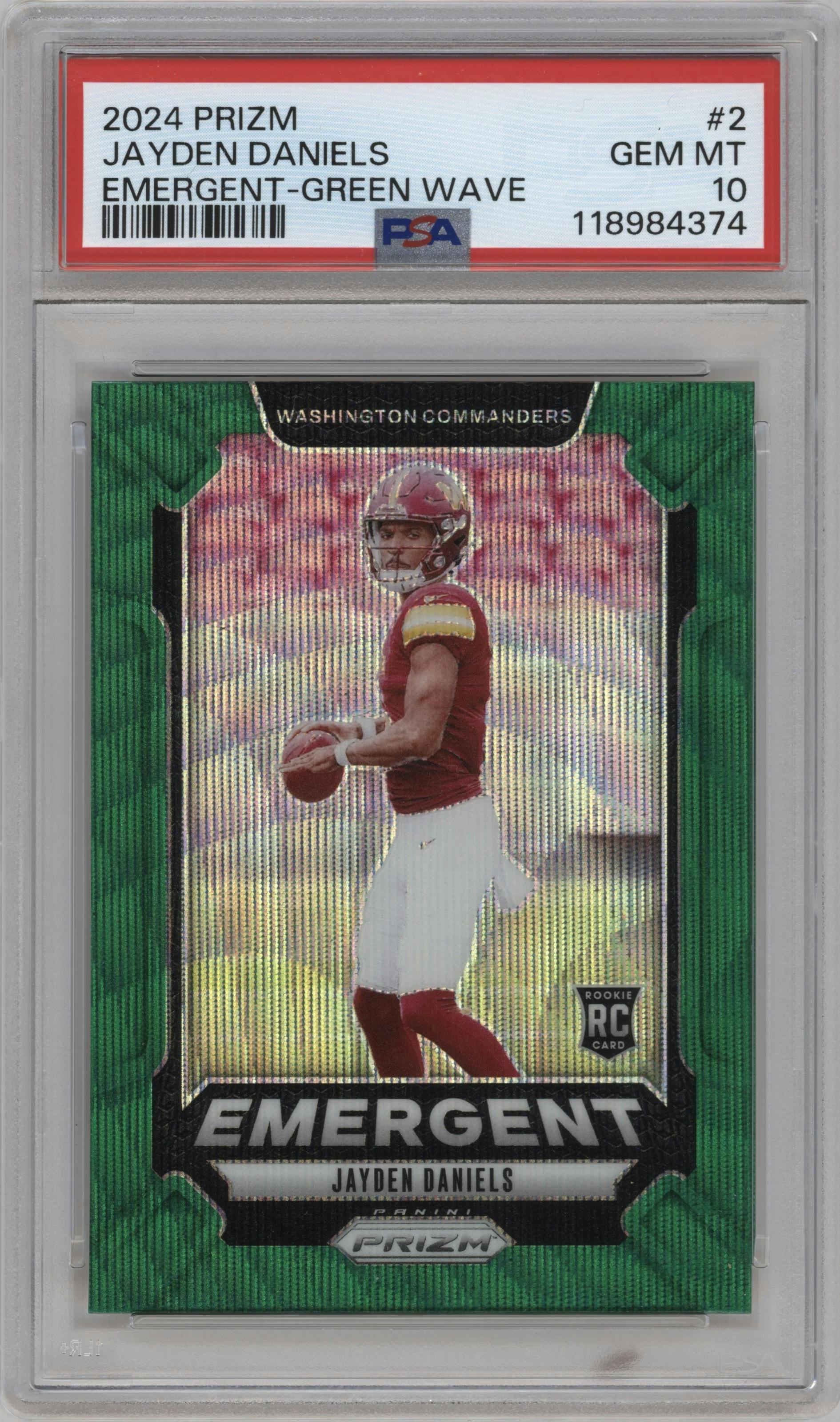 Jayden Daniels from the 2024 Panini Prizm set featuring a Green Wave parallel graded by PSA and given an overall grade of 10.