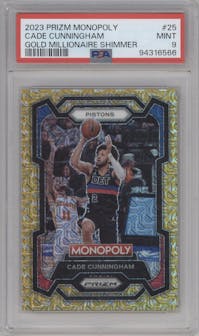 Cade Cunningham  from the 2023-24 Panini Prizm Monopoly set featuring a Gold Millionaire Shimmer  parallel graded by PSA and given an overall grade of 9.