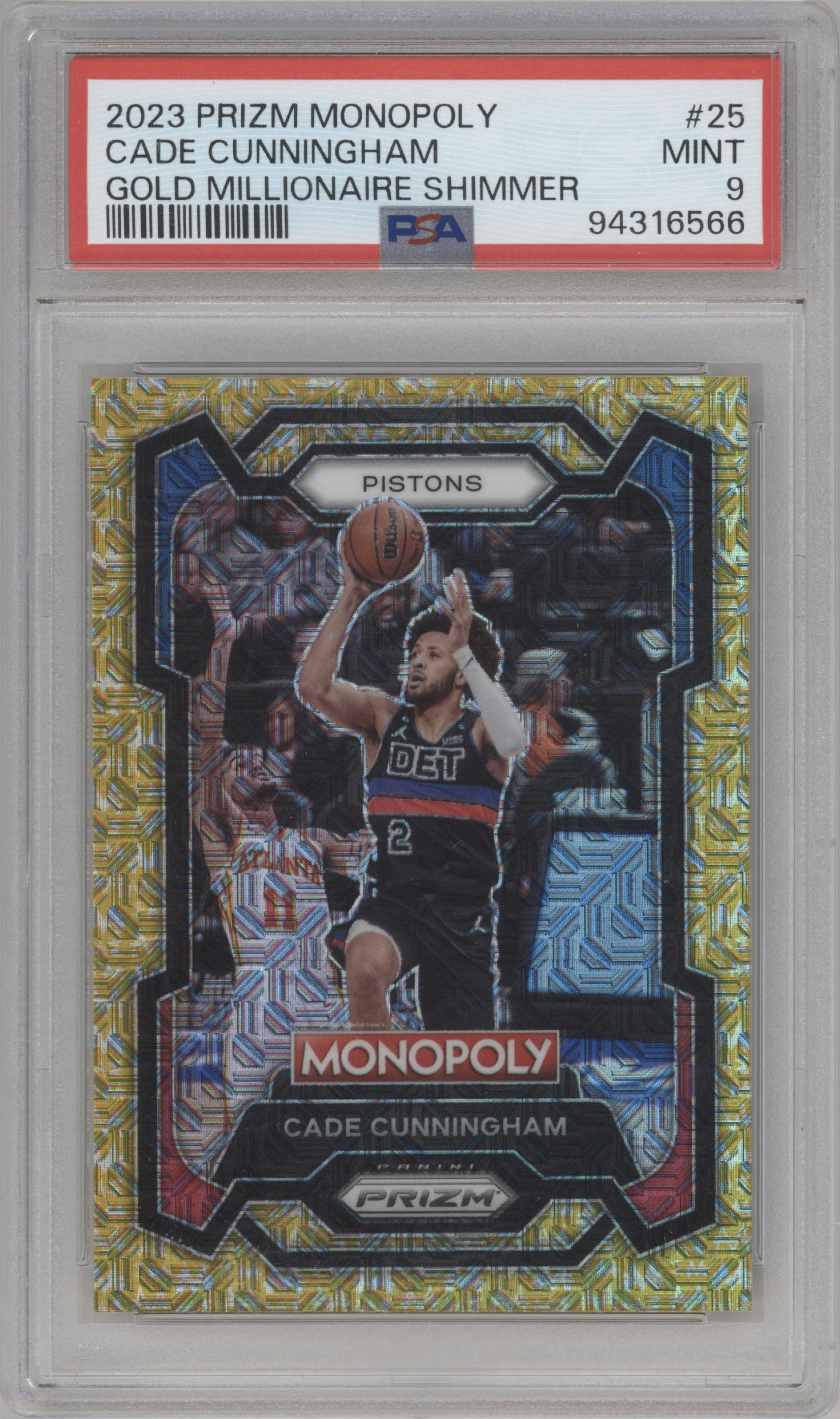 Cade Cunningham  from the 2023-24 Panini Prizm Monopoly set featuring a Gold Millionaire Shimmer  parallel graded by PSA and given an overall grade of 9.