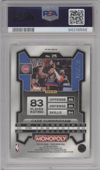 Cade Cunningham  from the 2023-24 Panini Prizm Monopoly set featuring a Gold Millionaire Shimmer  parallel graded by PSA and given an overall grade of 9.