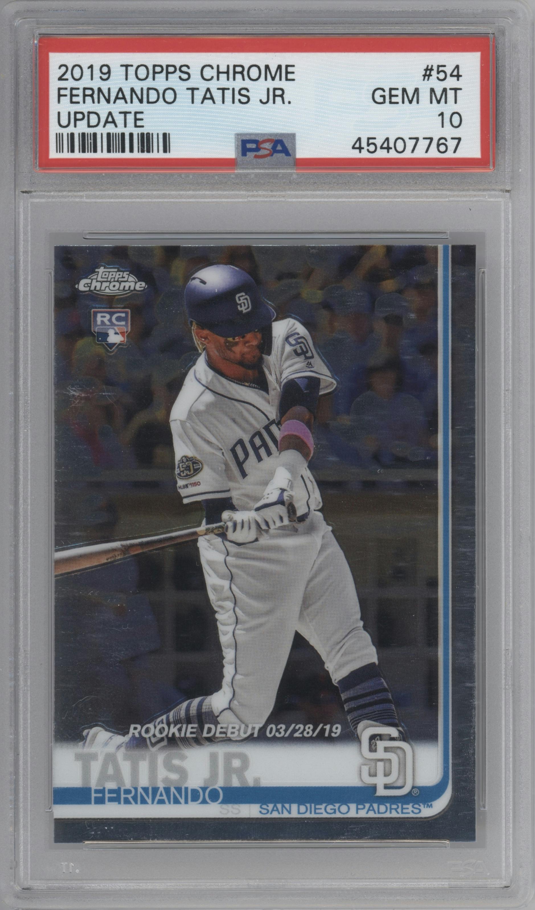 Fernando Tatis Jr. from the 2019 Topps Chrome Update set graded by PSA and given an overall grade of 10.