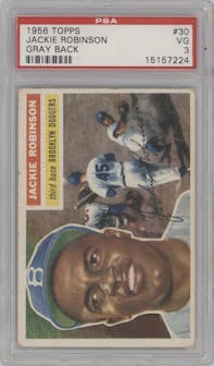 Jackie Robinson from the 1956 Topps set featuring a Gray Back parallel graded by PSA and given an overall grade of 3.