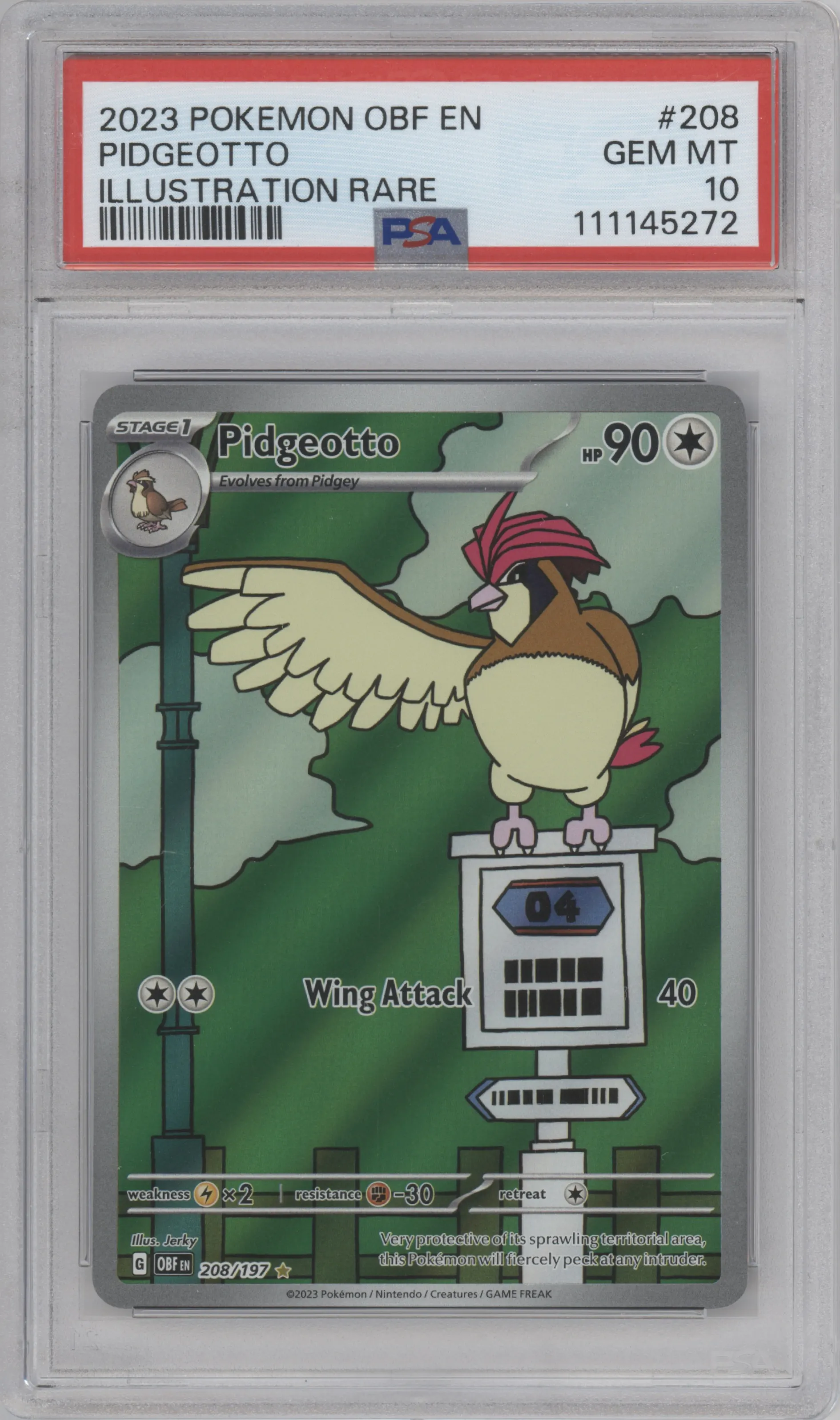 Pidgeotto from the 2023 Pokemon SV set graded by PSA and given an overall grade of 10.
