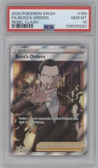 Boss's Orders from the 2020 Pokemon SWSH set graded by PSA and given an overall grade of 10.