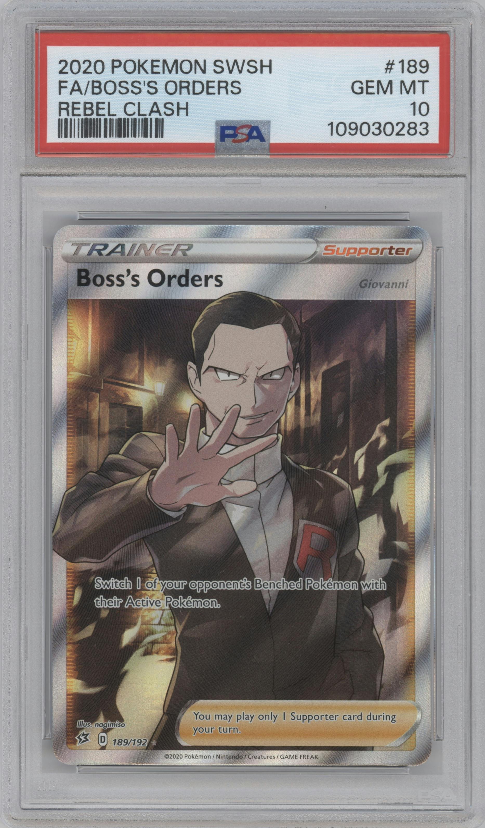 Boss's Orders from the 2020 Pokemon SWSH set graded by PSA and given an overall grade of 10.