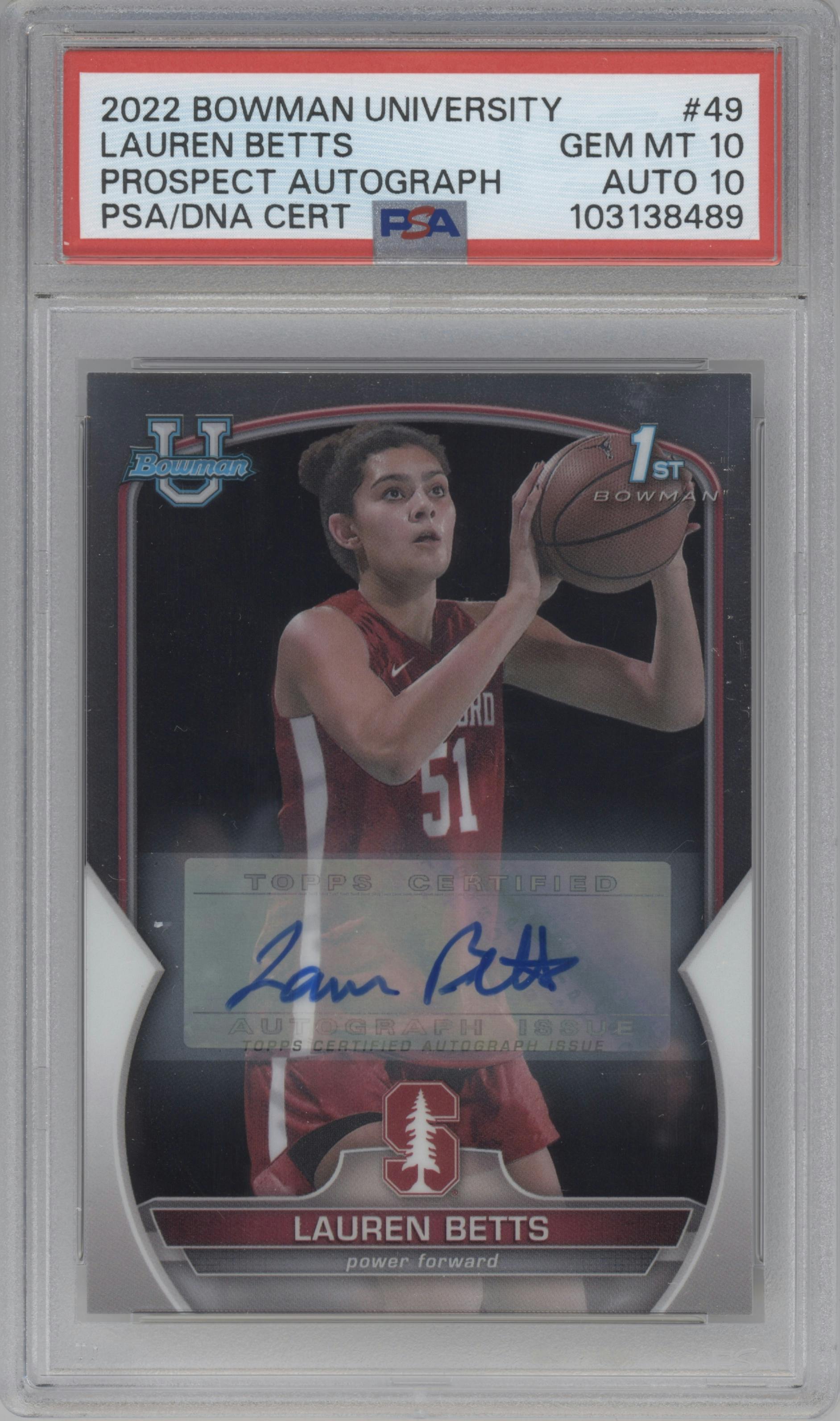 Lauren Betts from the 2022-23 Bowman University Chrome set graded by PSA and given an overall grade of 10.