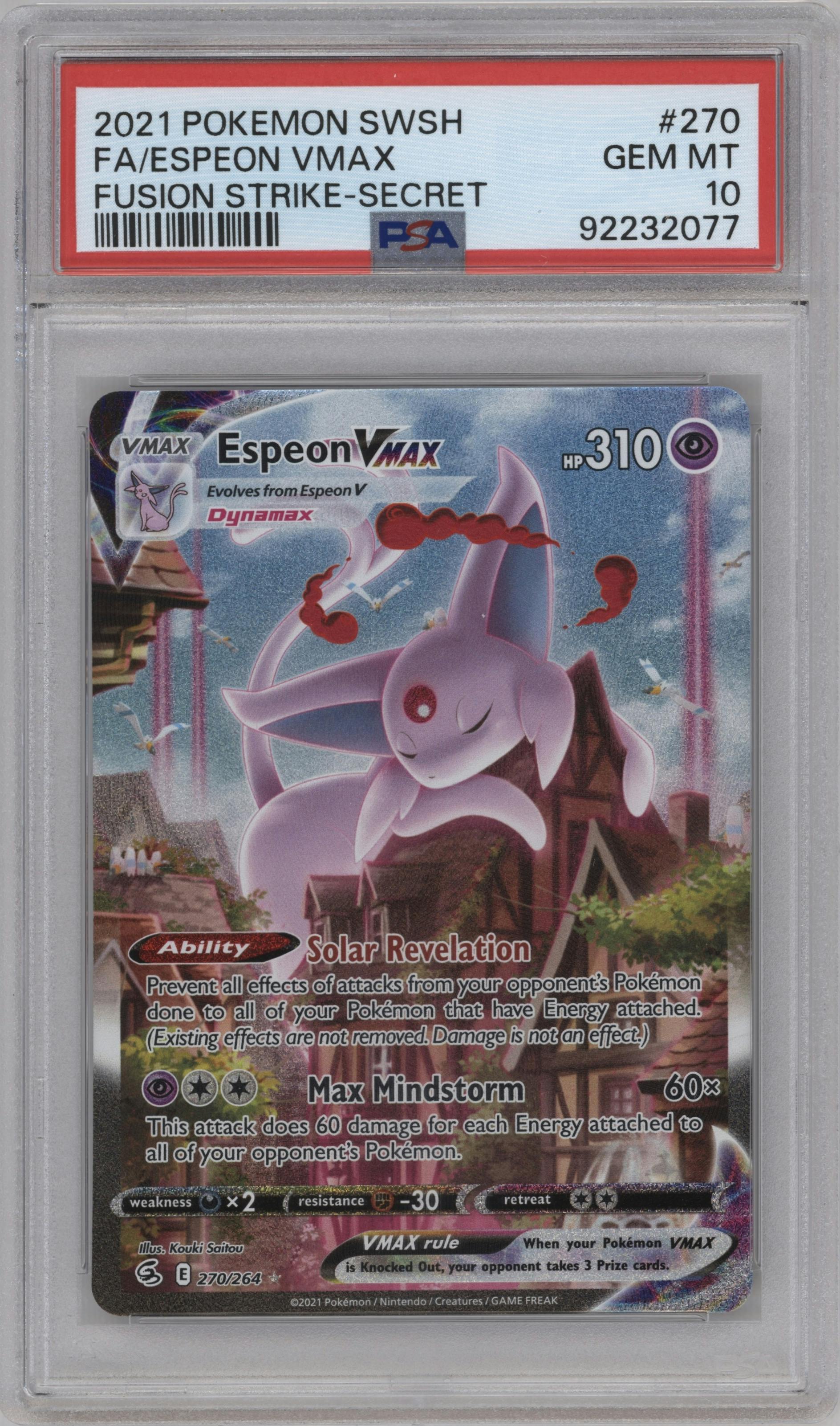 Espeon VMAX from the 2021 Pokemon SWSH set graded by PSA and given an overall grade of 10.