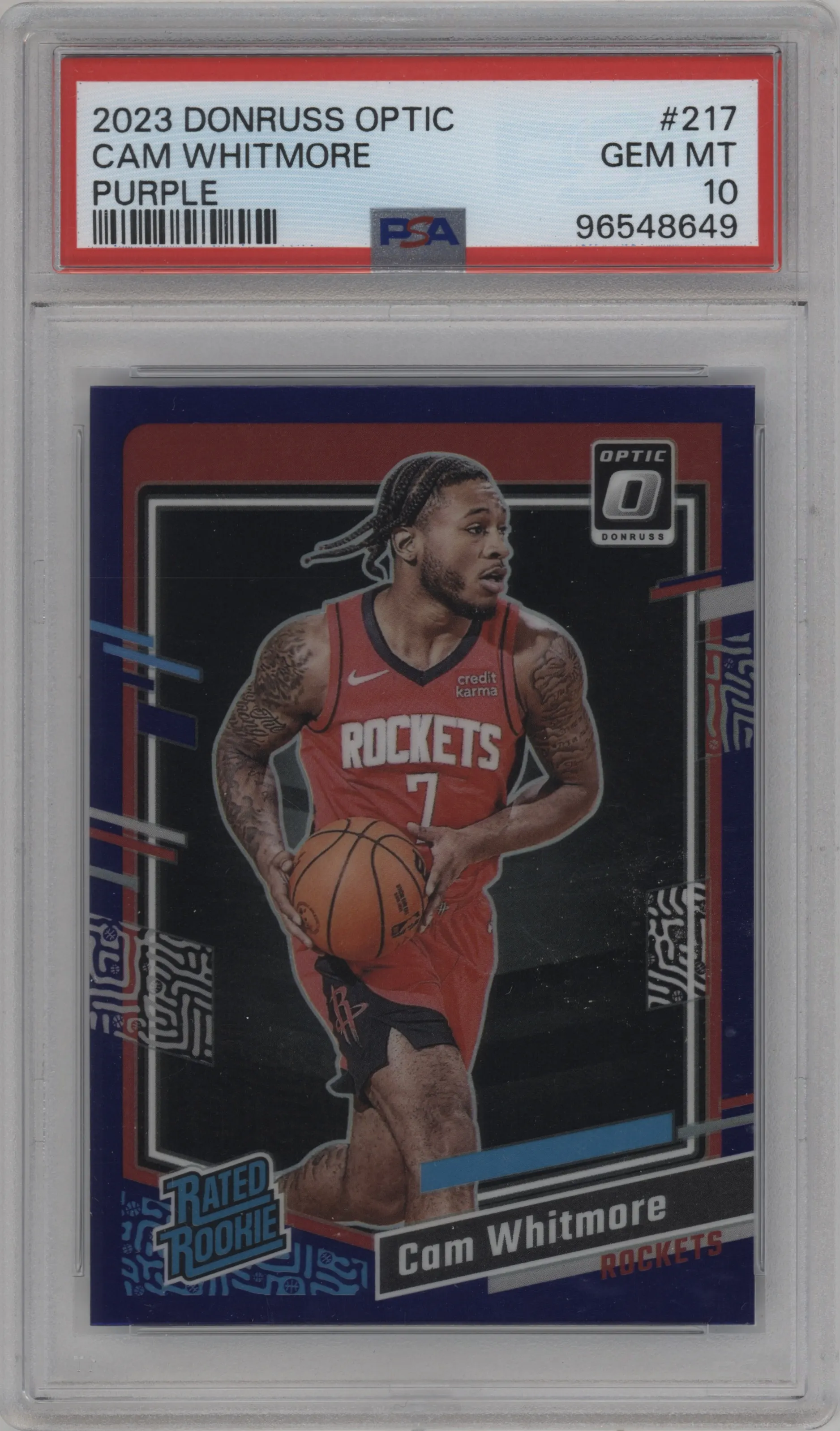 2023 Donruss Optic Rated Rookie Cam Whitmore Purple PSA 10