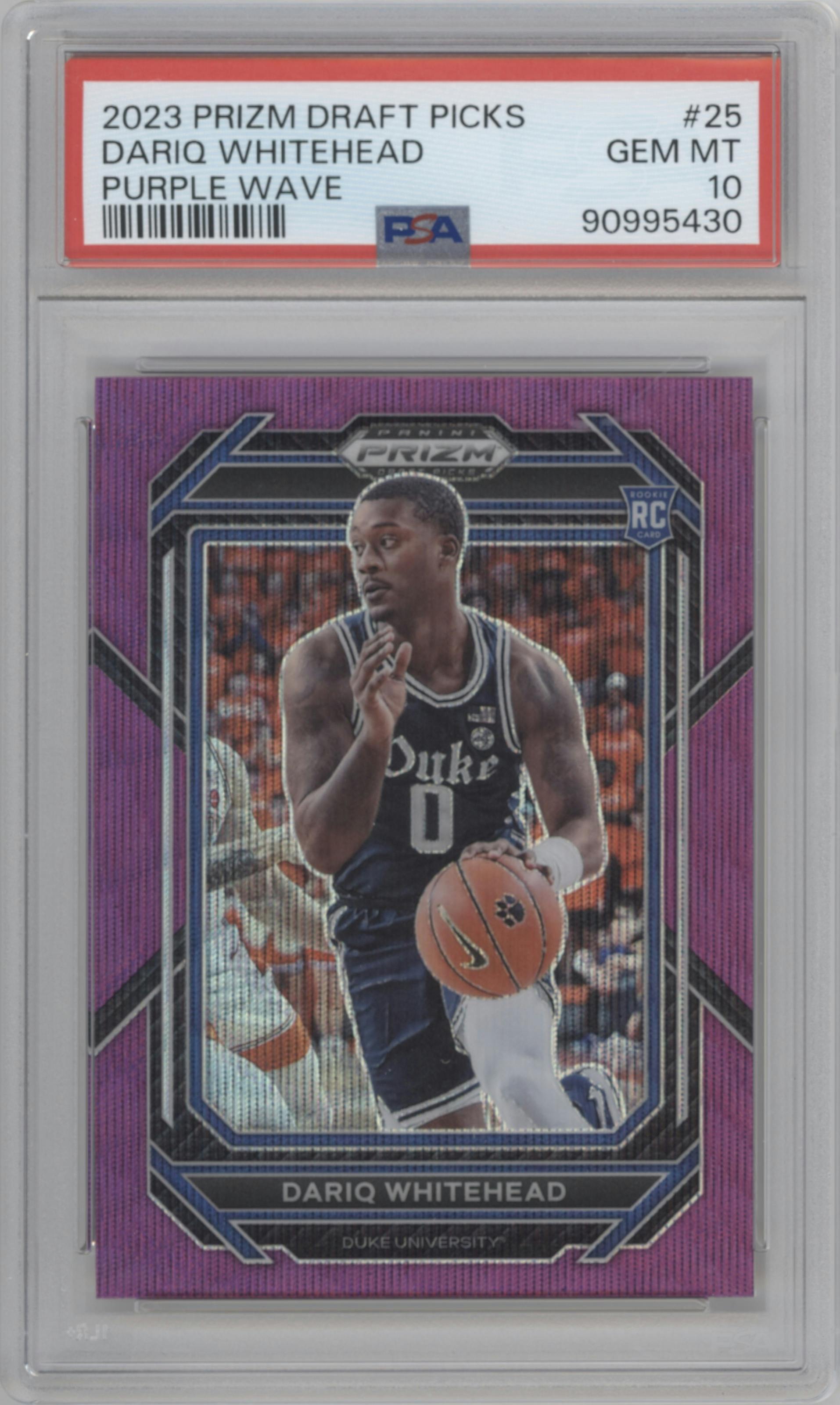Dariq Whitehead from the 2023-24 Panini Prizm Draft Picks set featuring a Purple Wave parallel graded by PSA and given an overall grade of 10.