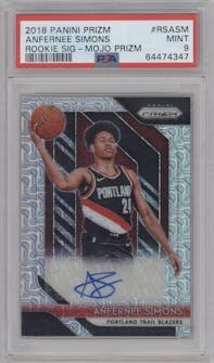Anfernee Simons from the 2018-19 Panini Prizm set featuring a Mojo Prizm parallel graded by PSA and given an overall grade of 9.