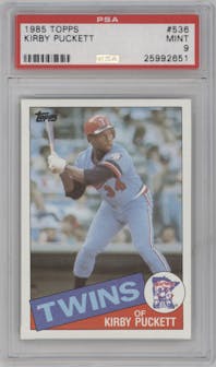 Kirby Puckett from the 1985 Topps set graded by PSA and given an overall grade of 9.