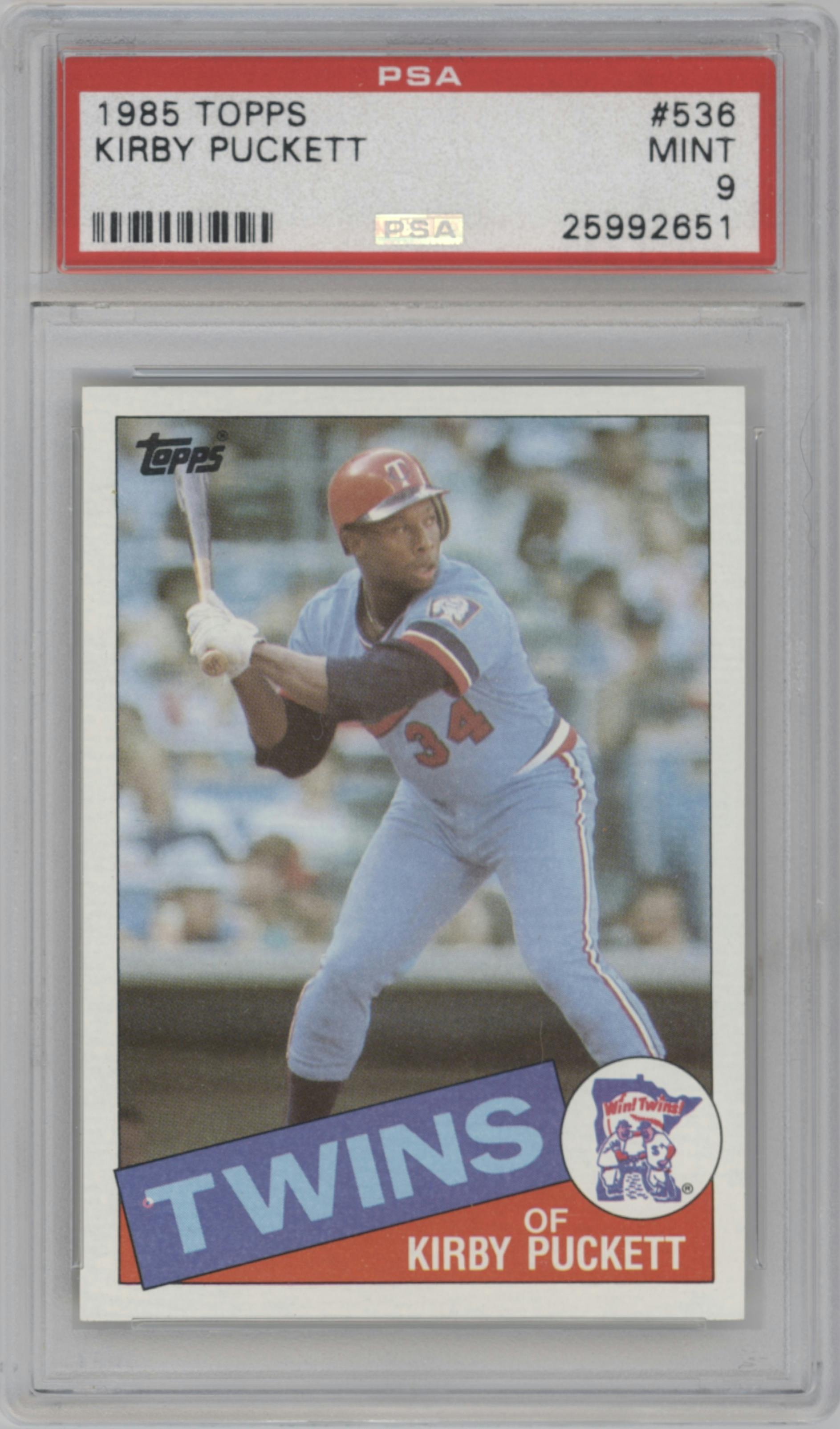 Kirby Puckett from the 1985 Topps set graded by PSA and given an overall grade of 9.