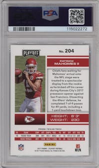 Patrick Mahomes II from the 2017 Panini Playoff set featuring a Kickoff parallel graded by PSA and given an overall grade of 10.