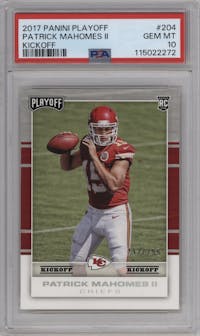 Patrick Mahomes II from the 2017 Panini Playoff set featuring a Kickoff parallel graded by PSA and given an overall grade of 10.