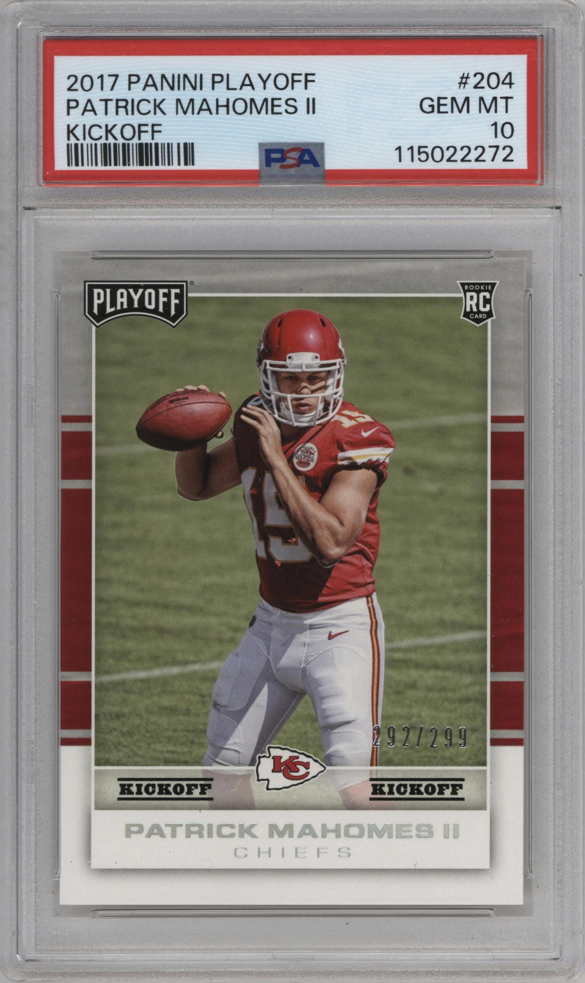 Patrick Mahomes II from the 2017 Panini Playoff set featuring a Kickoff parallel graded by PSA and given an overall grade of 10.