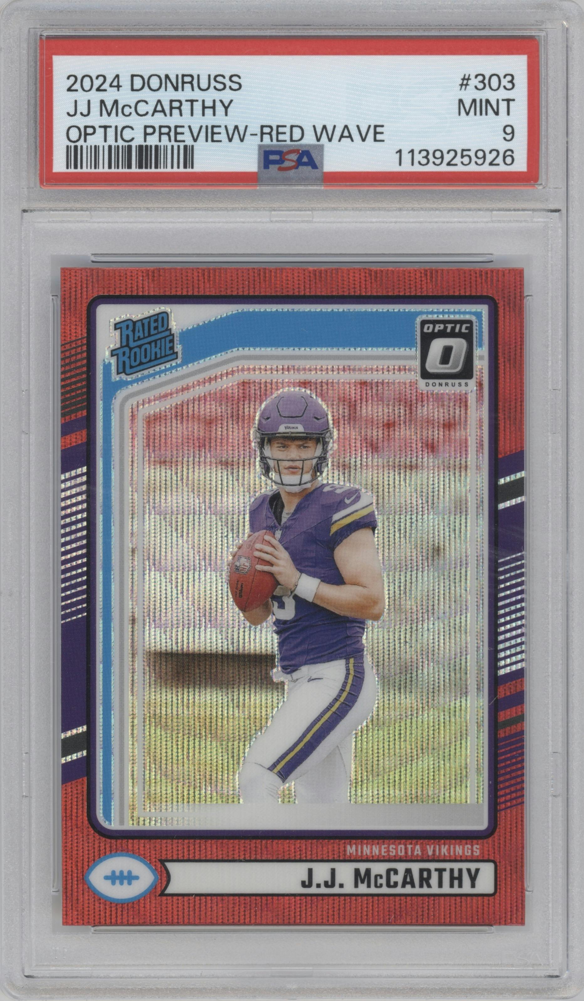 J.J. McCarthy from the 2024 Donruss set featuring a Red Wave parallel graded by PSA and given an overall grade of 9.