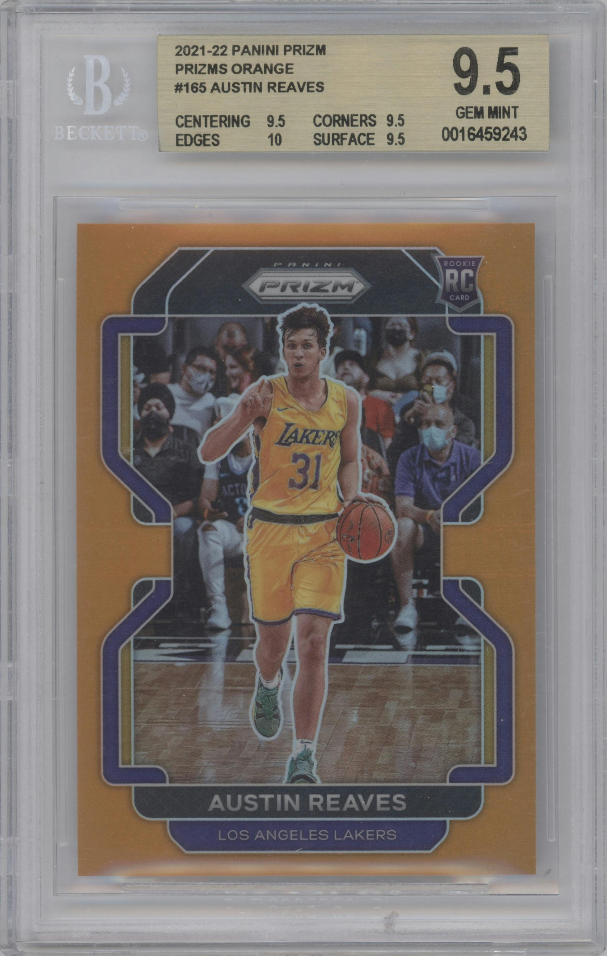 Austin Reaves from the 2021-22 Panini Prizm  set featuring a Orange Prizm parallel graded by Beckett and given an overall grade of 9.5.