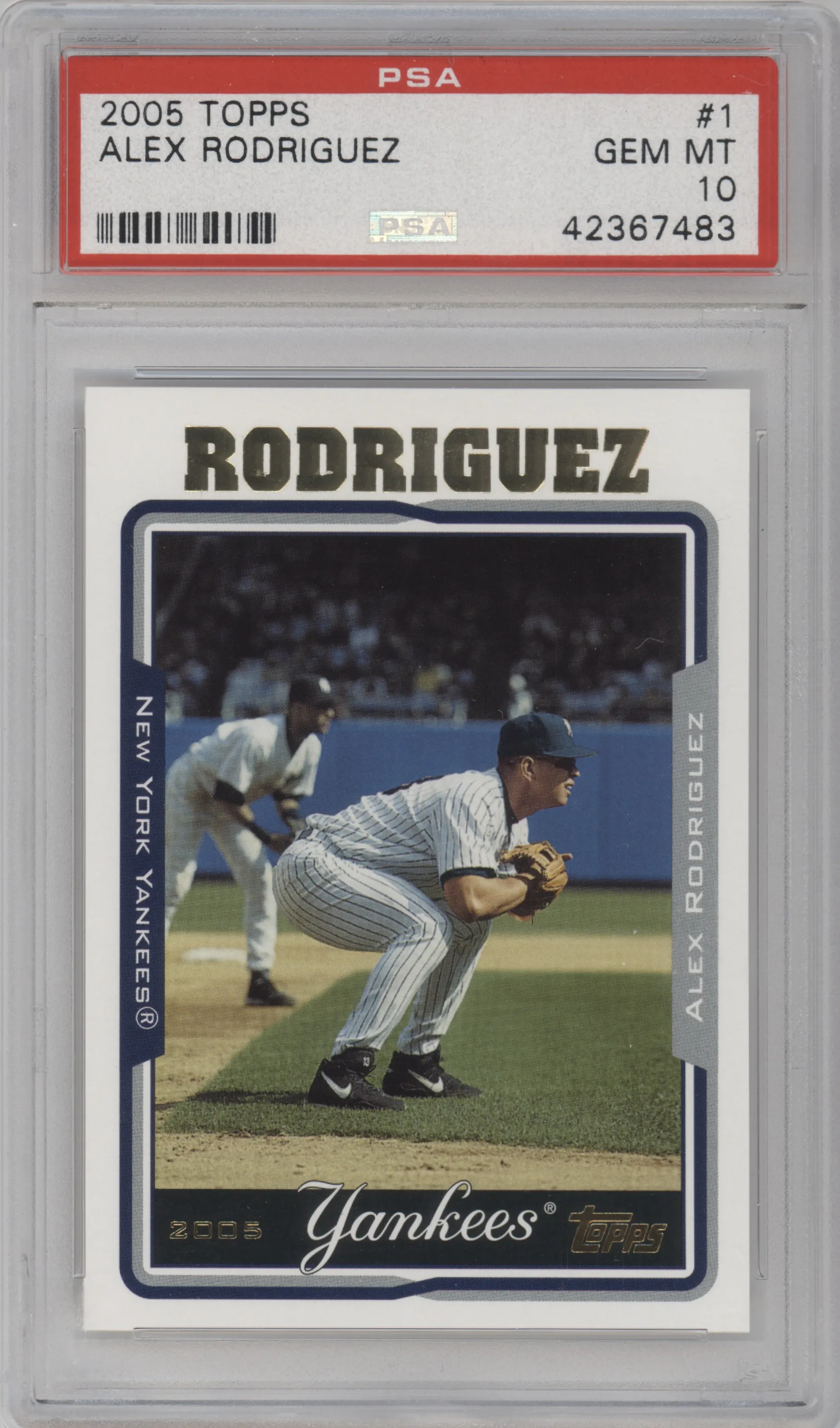Alex Rodriguez from the 2005 Topps set graded by PSA and given an overall grade of 10.