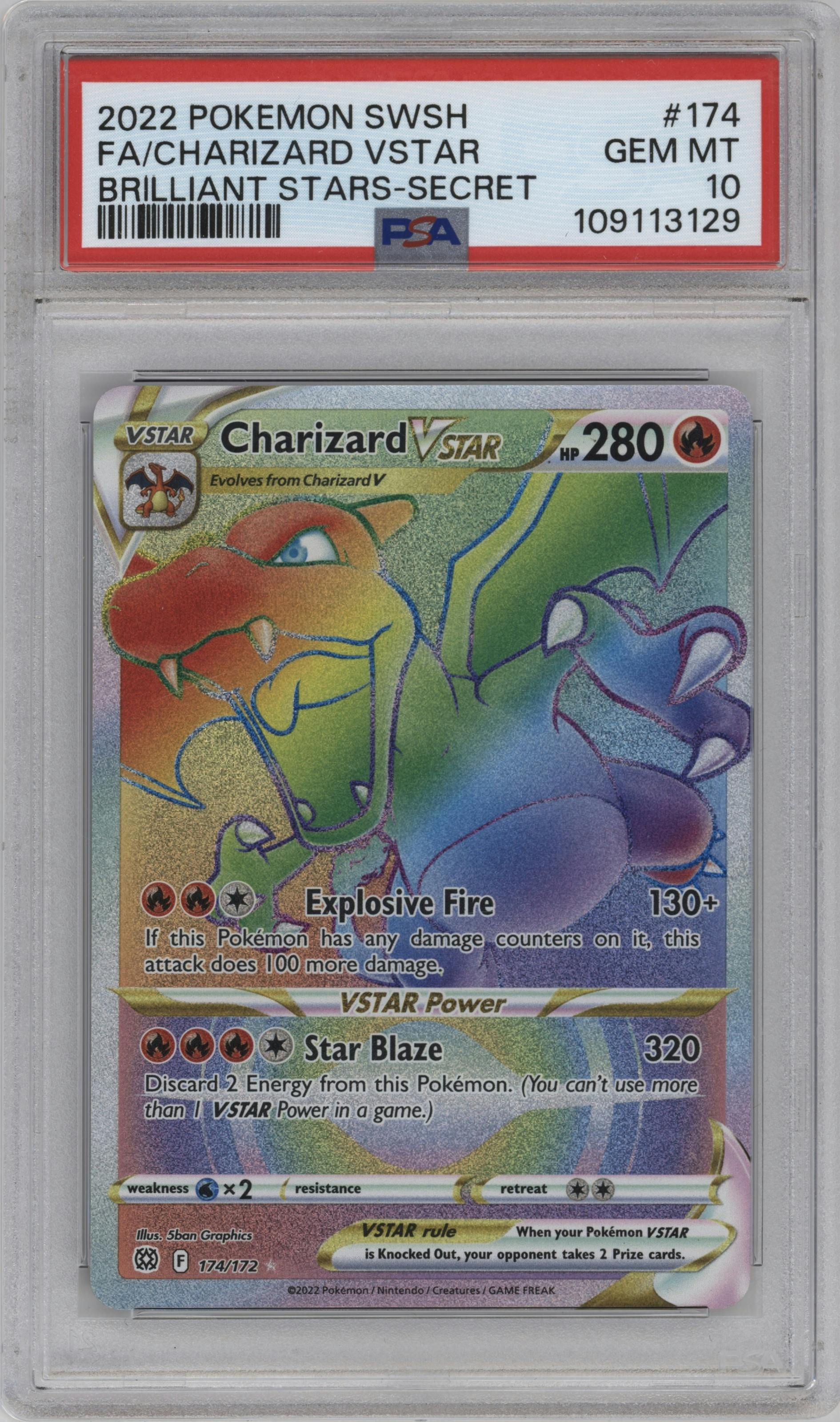 Charizard VSTAR from the 2022 Pokemon SWSH set graded by PSA and given an overall grade of 10.