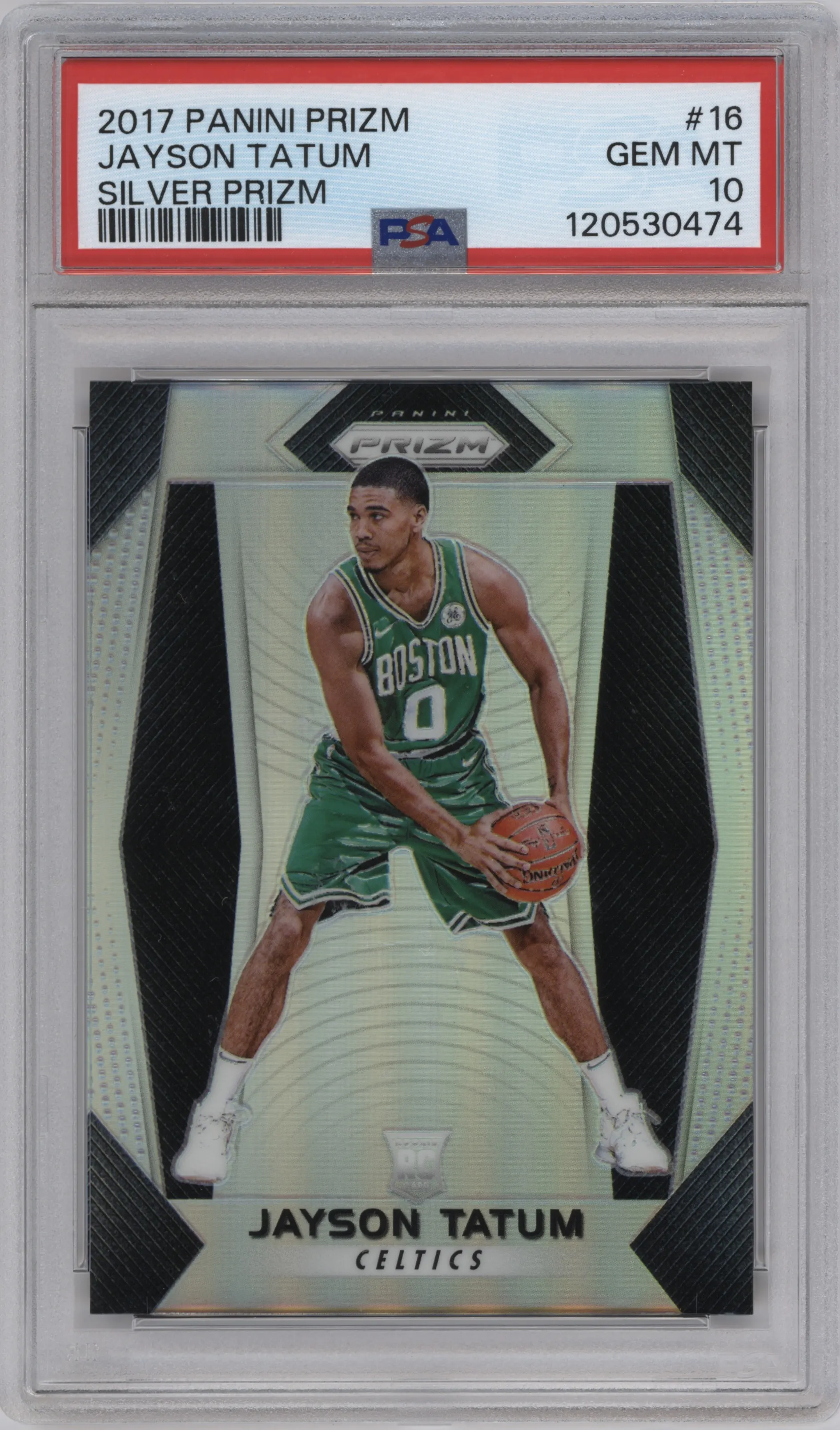 Jayson Tatum from the 2017-18 Panini Prizm  set featuring a Silver Prizm parallel graded by PSA and given an overall grade of 10.