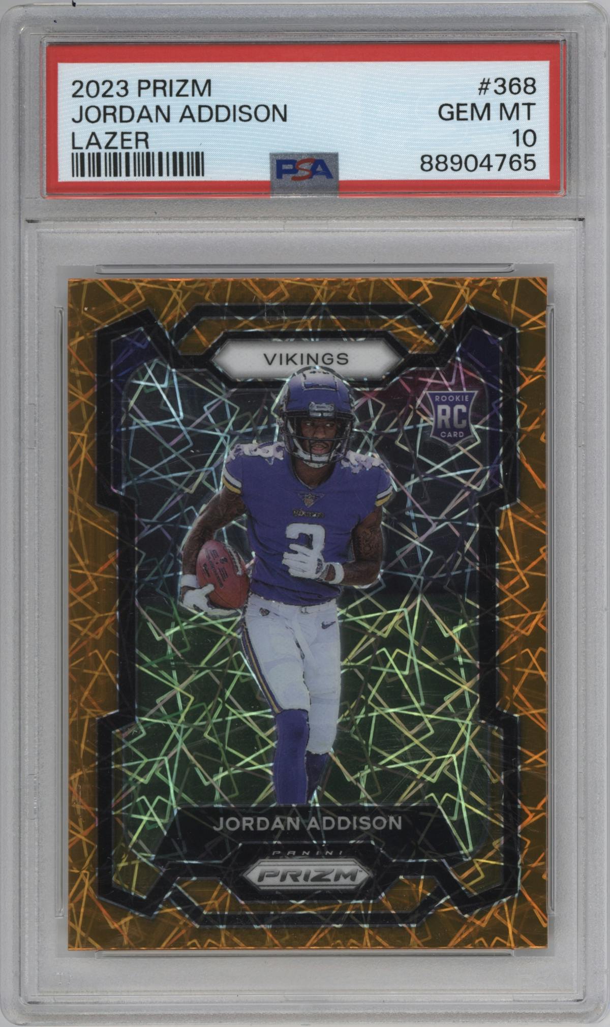 Jordan Addison from the 2023 Panini Prizm set featuring a Lazer parallel graded by PSA and given an overall grade of 10.