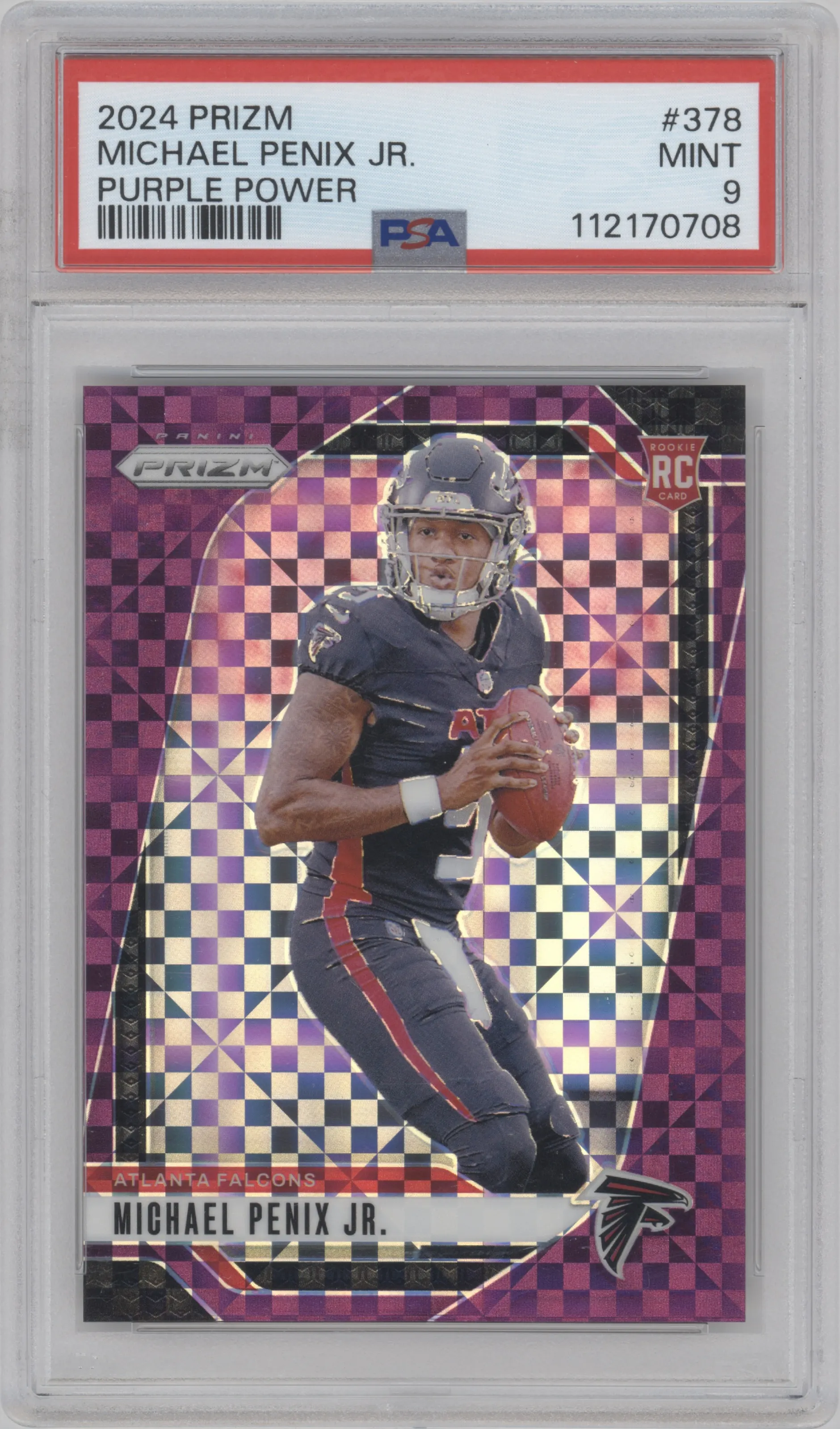 Michael Penix Jr. from the 2024 Panini Prizm set featuring a Purple Power Prizm parallel graded by PSA and given an overall grade of 9.