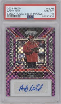 Andy Reid from the 2023 Panini Prizm set featuring a Purple Power Prizm parallel graded by PSA and given an overall grade of 10.