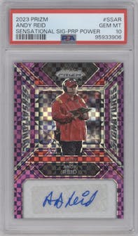 Andy Reid from the 2023 Panini Prizm set featuring a Purple Power Prizm parallel graded by PSA and given an overall grade of 10.