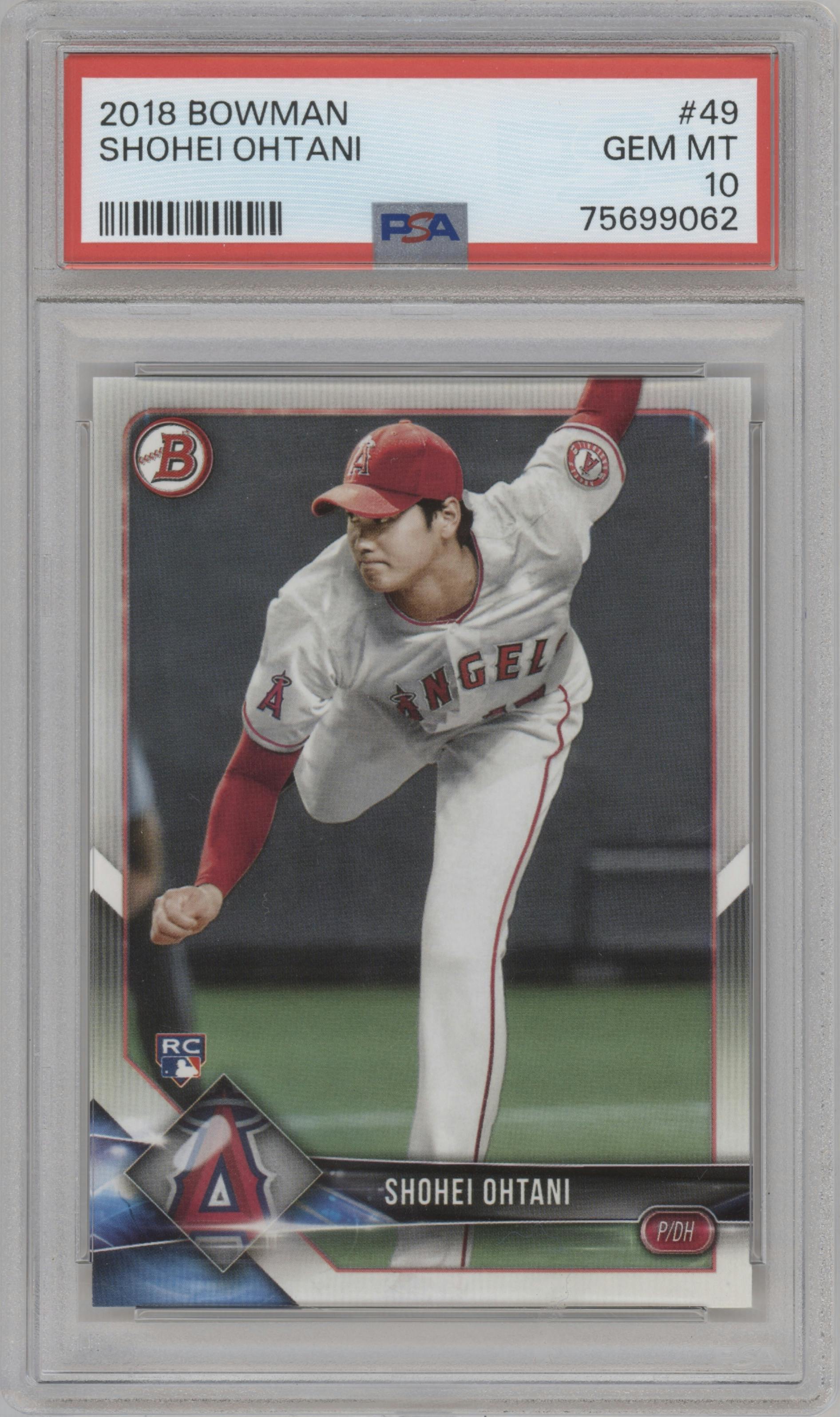 Shohei Ohtani from the 2018 Bowman set graded by PSA and given an overall grade of 10.