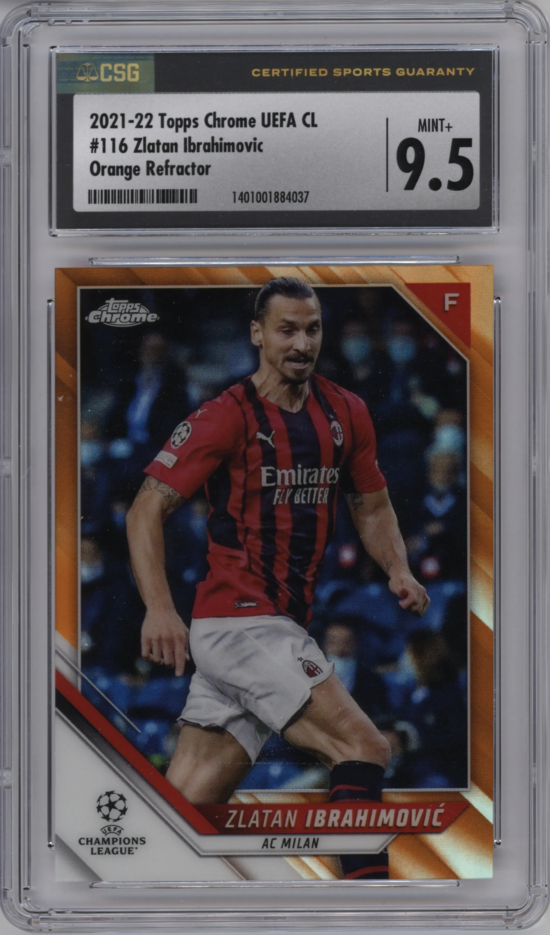 Zlatan Ibrahimovic from the 2021-22 Topps Chrome UEFA Champions League set featuring a Orange Refractor parallel graded by CSG and given an overall grade of 9.5.