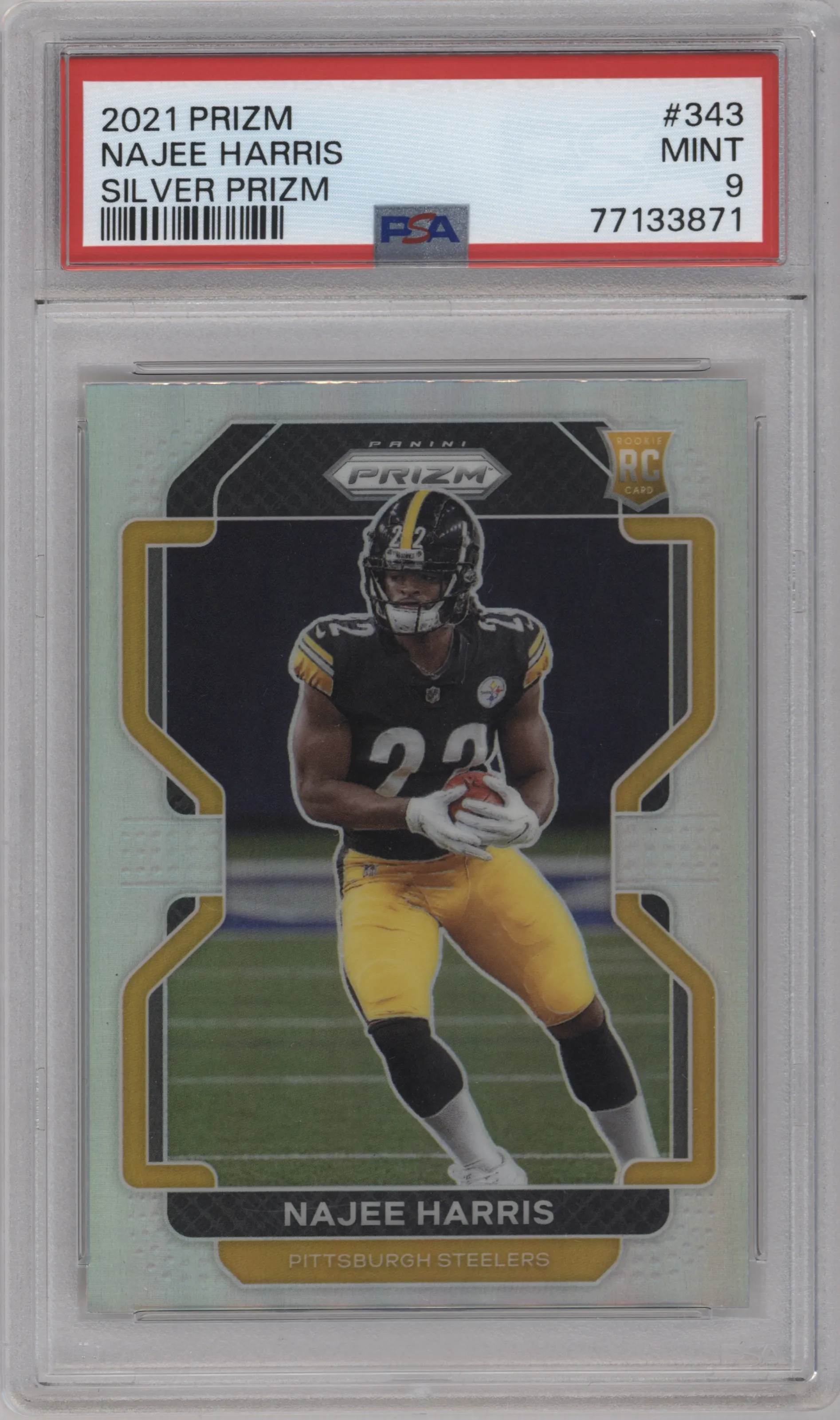 Najee Harris from the 2021 Panini Prizm set featuring a Silver Prizm parallel graded by PSA and given an overall grade of 9.