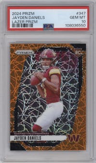 Jayden Daniels from the 2024 Panini Prizm set featuring a Lazer Prizm parallel graded by PSA and given an overall grade of 10.