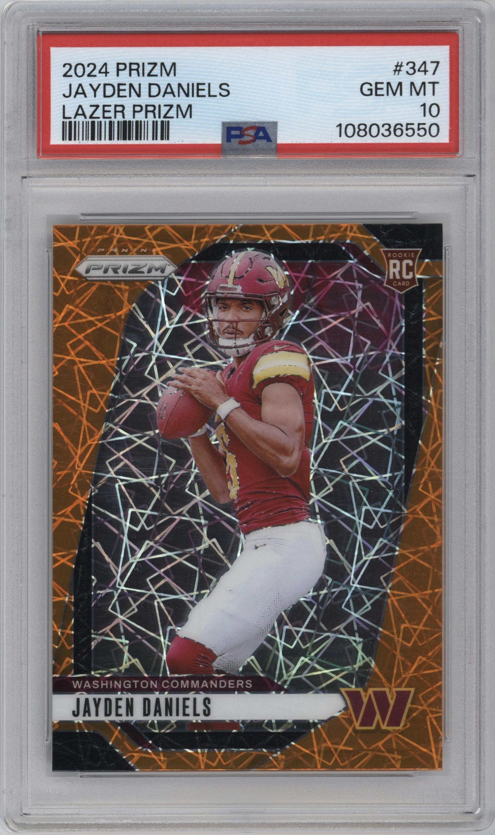 Jayden Daniels from the 2024 Panini Prizm set featuring a Lazer Prizm parallel graded by PSA and given an overall grade of 10.
