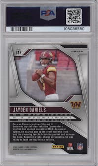 Jayden Daniels from the 2024 Panini Prizm set featuring a Lazer Prizm parallel graded by PSA and given an overall grade of 10.