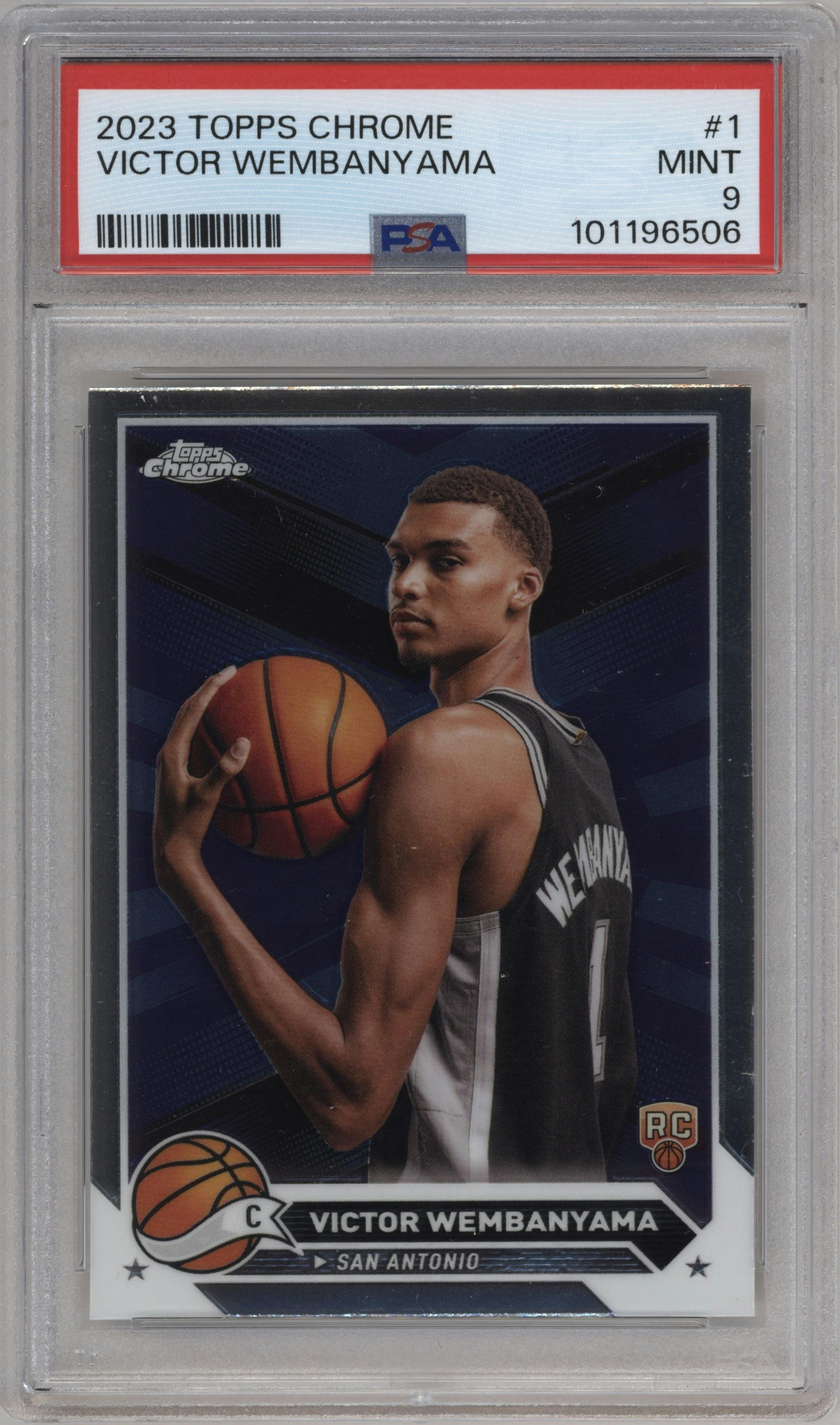 Victor Wembanyama from the 2023-24 Topps Chrome set graded by PSA and given an overall grade of 9.