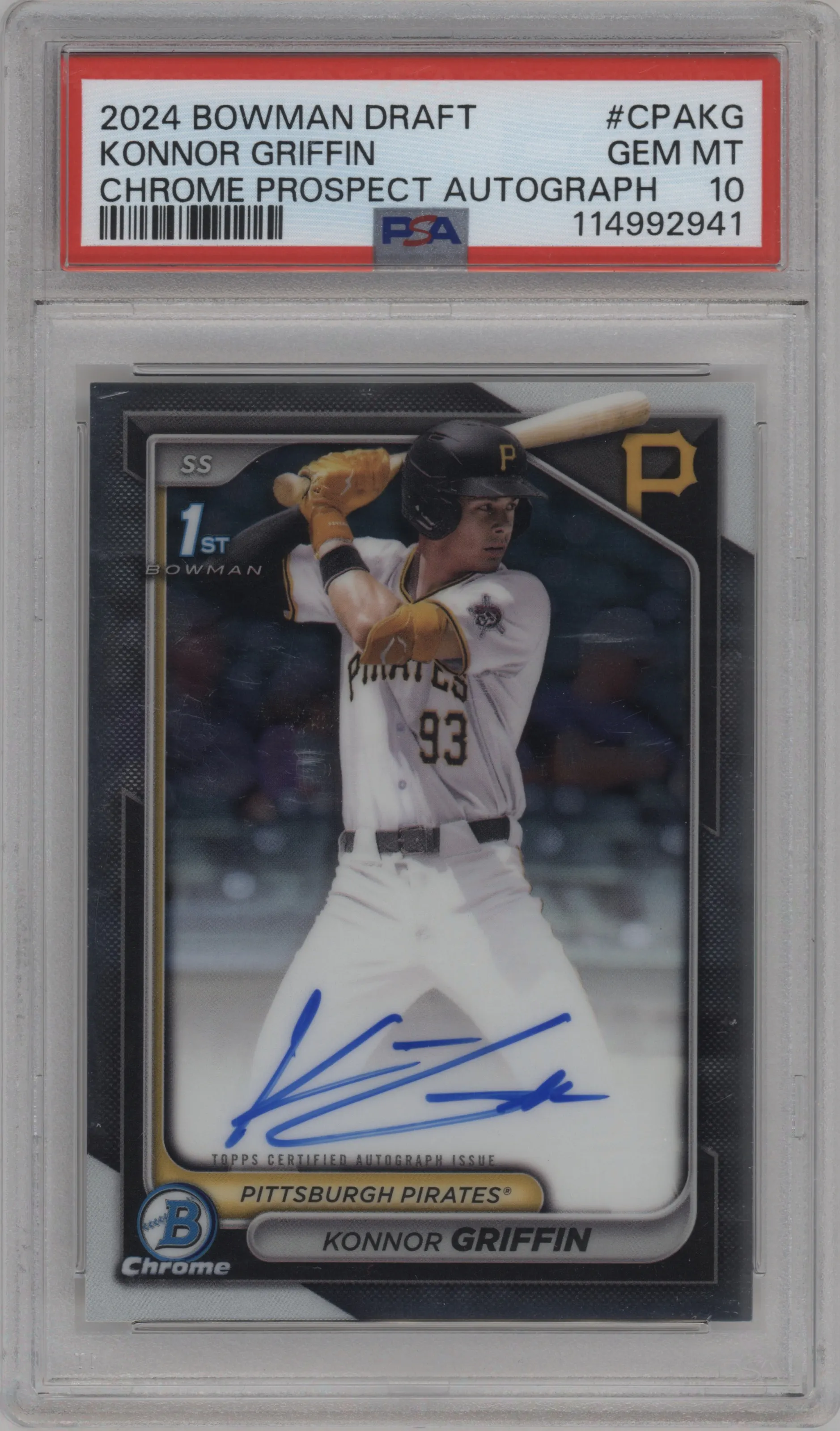 Konnor Griffin from the 2024 Bowman Draft set graded by PSA and given an overall grade of 10.