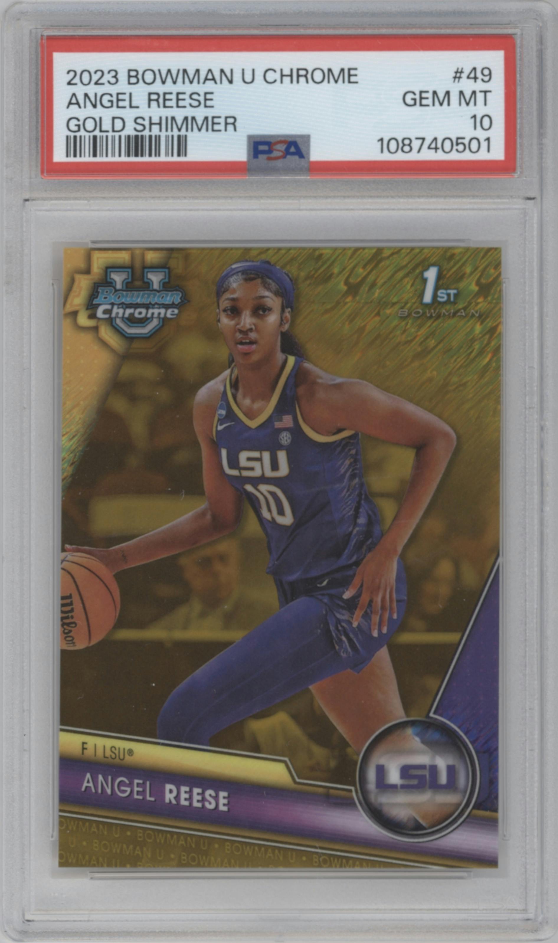 Angel Reese from the 2023-24 Bowman U Chrome set featuring a Gold Shimmer Refractor parallel graded by PSA and given an overall grade of 10.