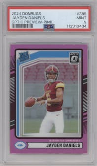 Jayden Daniels from the 2024 Donruss set featuring a Pink parallel graded by PSA and given an overall grade of 9.