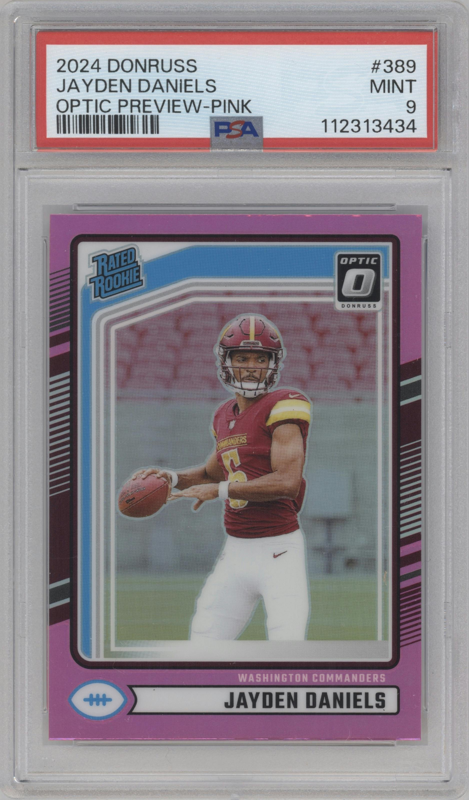 Jayden Daniels from the 2024 Donruss set featuring a Pink parallel graded by PSA and given an overall grade of 9.