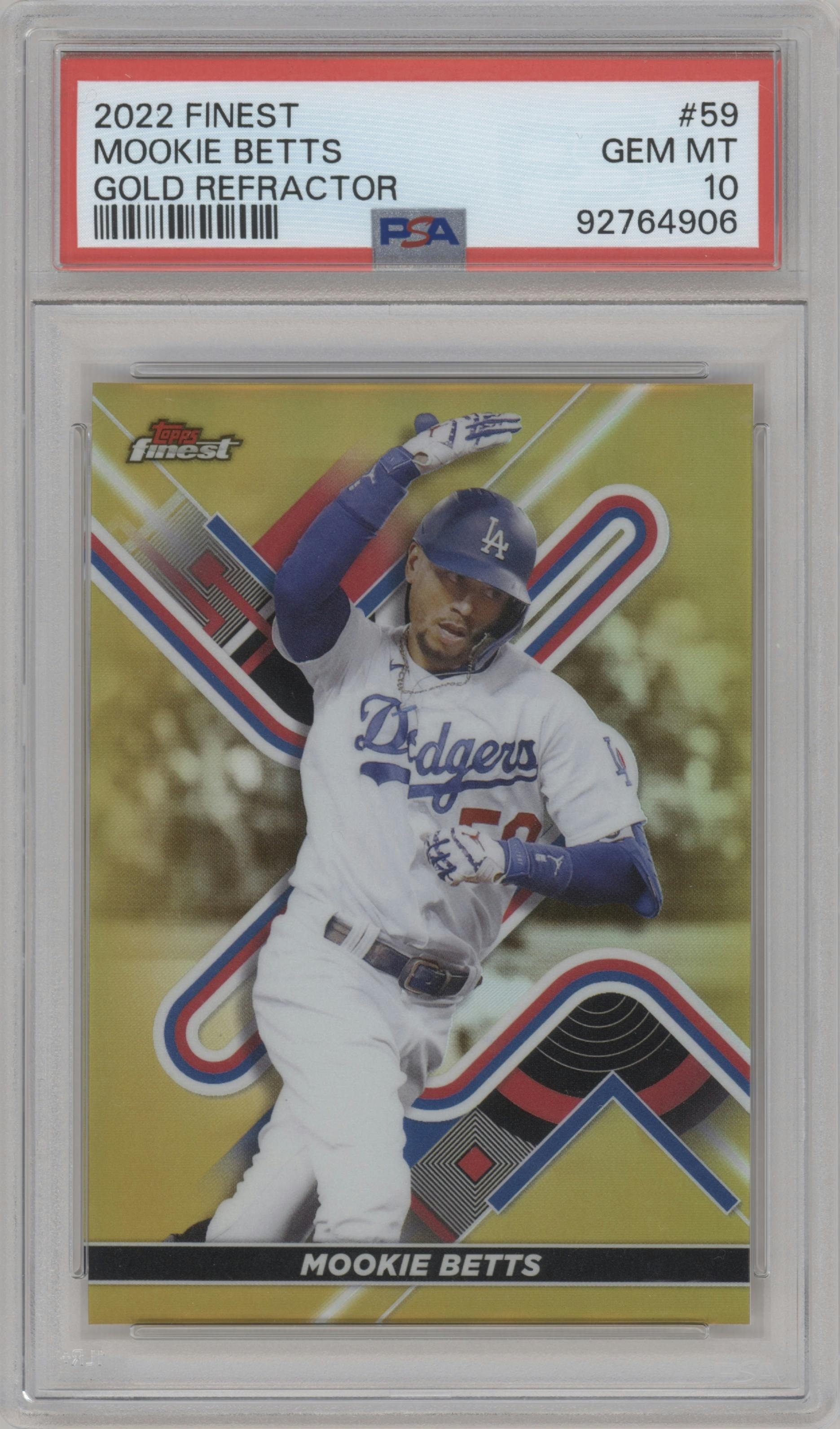 Mookie Betts from the 2022 Topps Finest set featuring a Gold Refractor parallel graded by PSA and given an overall grade of 10.